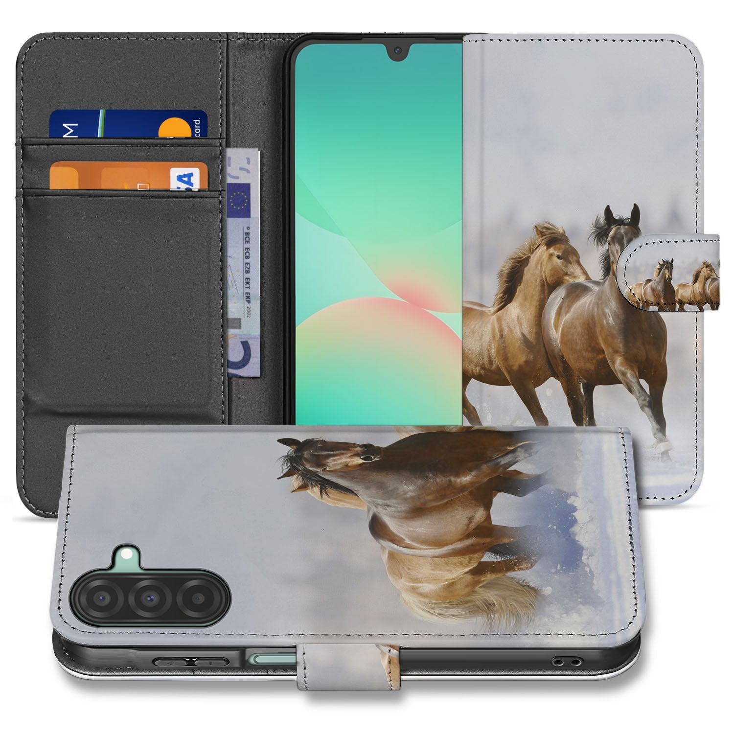 Samsung Galaxy A17 Bookcase Hoesje Met Pasjes En Magneetsluiting Paarden design paardenmotief aanzicht