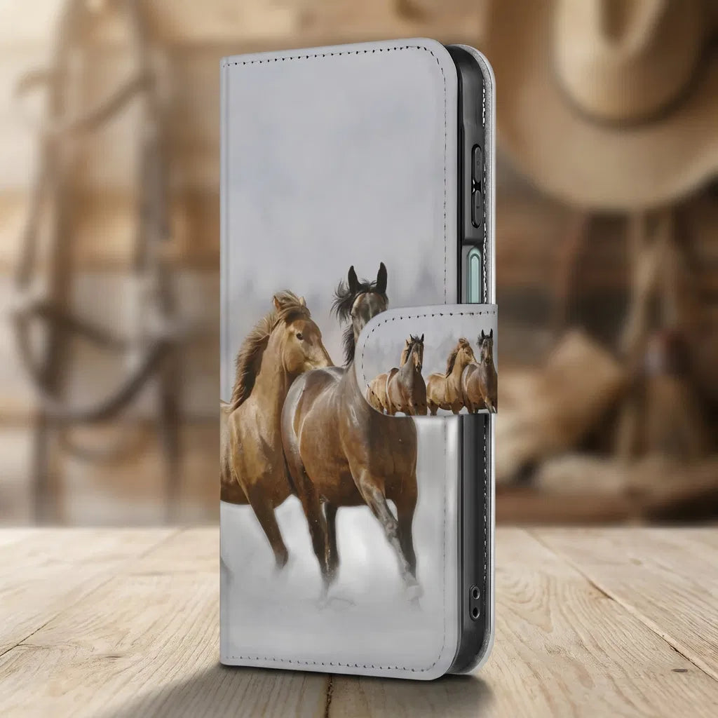 Samsung Galaxy A17 Bookcase Hoesje Met Pasjes En Magneetsluiting Paarden paardenmotief zijaanzicht