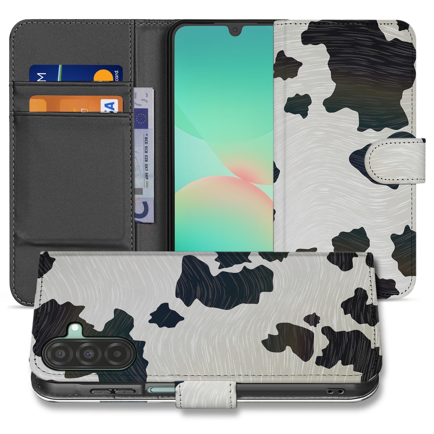 Samsung Galaxy A17 Bookcase Hoesje Met Pasjes Koeienprint bookcase hoesje koeienprint binnenzijde