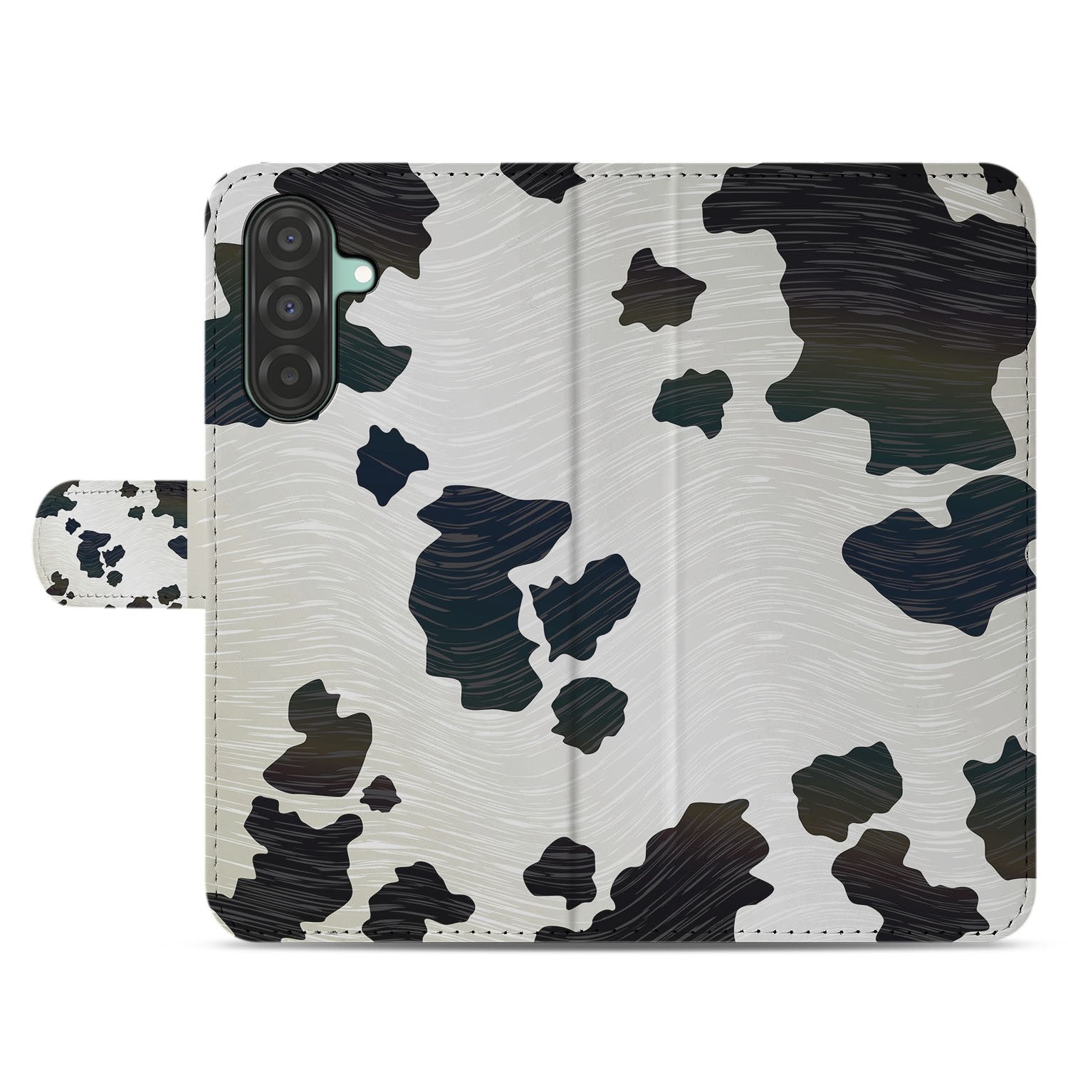 Samsung Galaxy A17 Bookcase Hoesje Met Pasjes Koeienprint koeienprint zwart wit design achteraanzicht