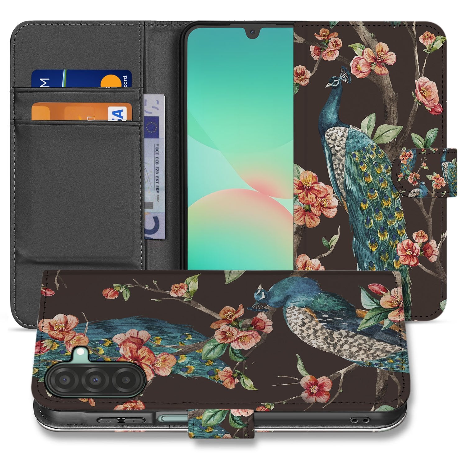 Samsung Galaxy A17 Bookcase Hoesje Met Pasjes Pauw Bloemen Print design pauw bloemen print aanzicht