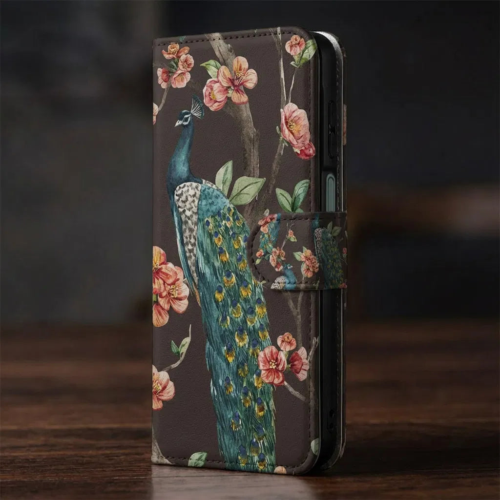 Samsung Galaxy A17 Bookcase Hoesje Met Pasjes Pauw Bloemen Print zijaanzicht op kunstleer met bloemen