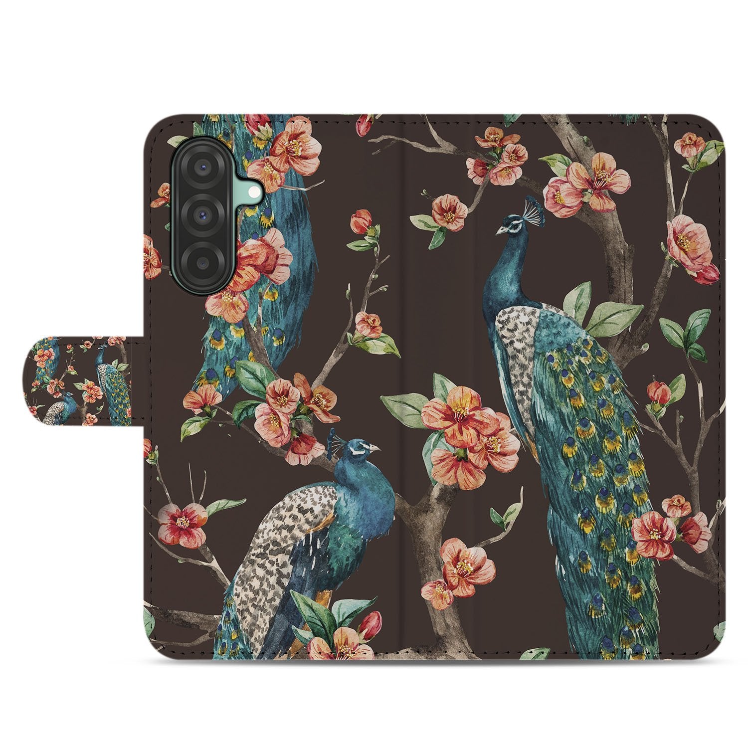 Samsung Galaxy A17 Bookcase Hoesje Met Pasjes Pauw Bloemen Print voorkant design kleurrijk