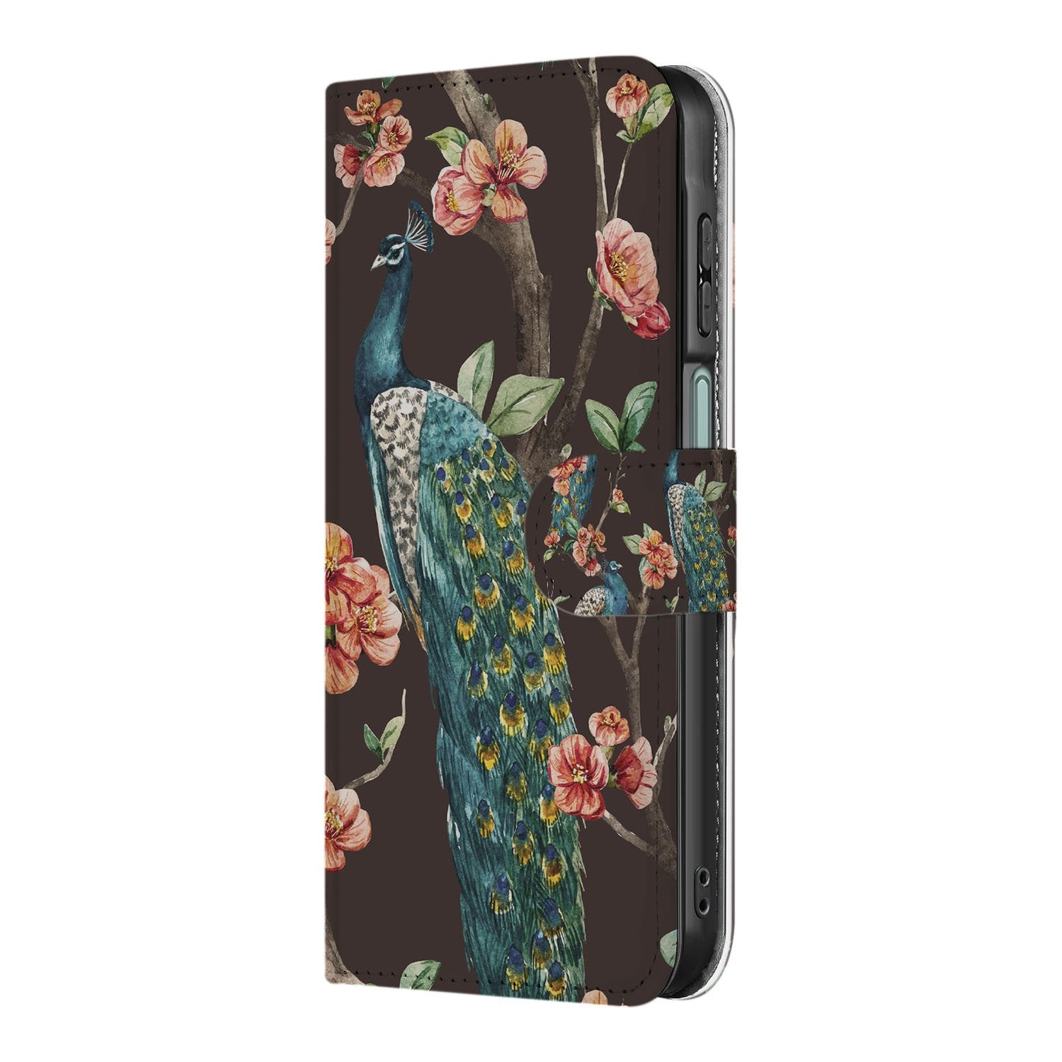 Samsung Galaxy A17 Bookcase Hoesje Met Pasjes Pauw Bloemen Print zicht zijkant