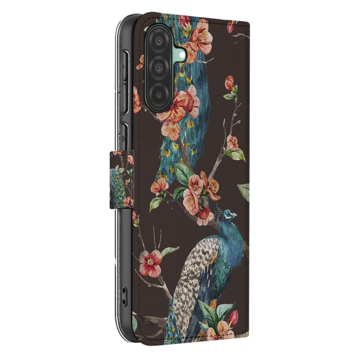 Samsung Galaxy A17 Bookcase Hoesje Met Pasjes Pauw Bloemen Print zijaanzicht