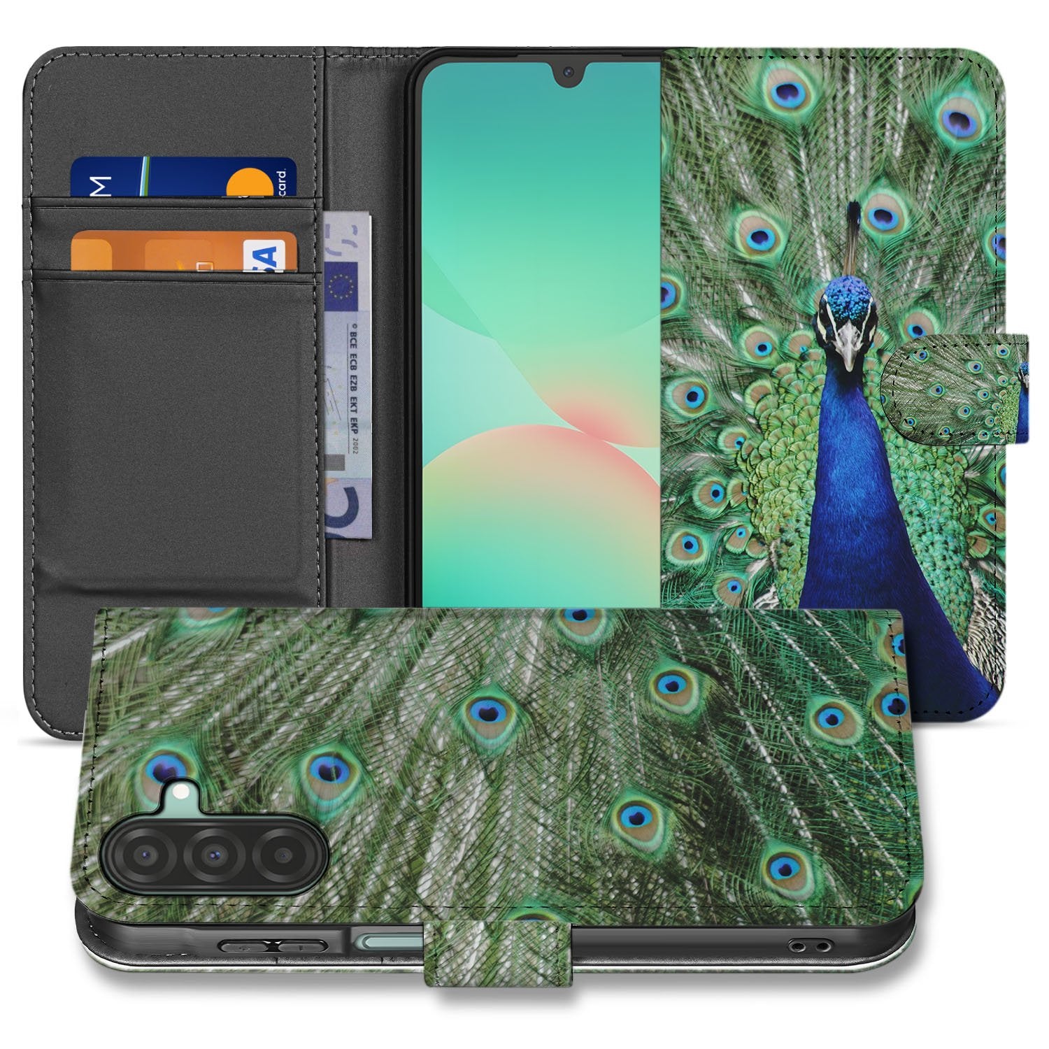 Samsung Galaxy A17 Bookcase Hoesje Met Pauwprint En Pasjes bookcase pauwprint voorkant