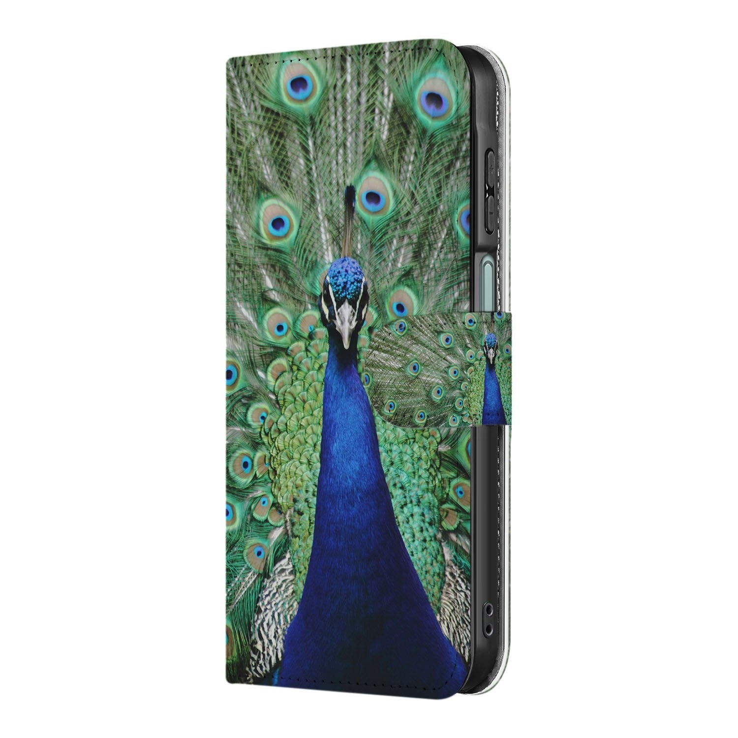 Samsung Galaxy A17 Bookcase Hoesje Met Pauwprint En Pasjes pauwprint boekhoes zijaanzicht