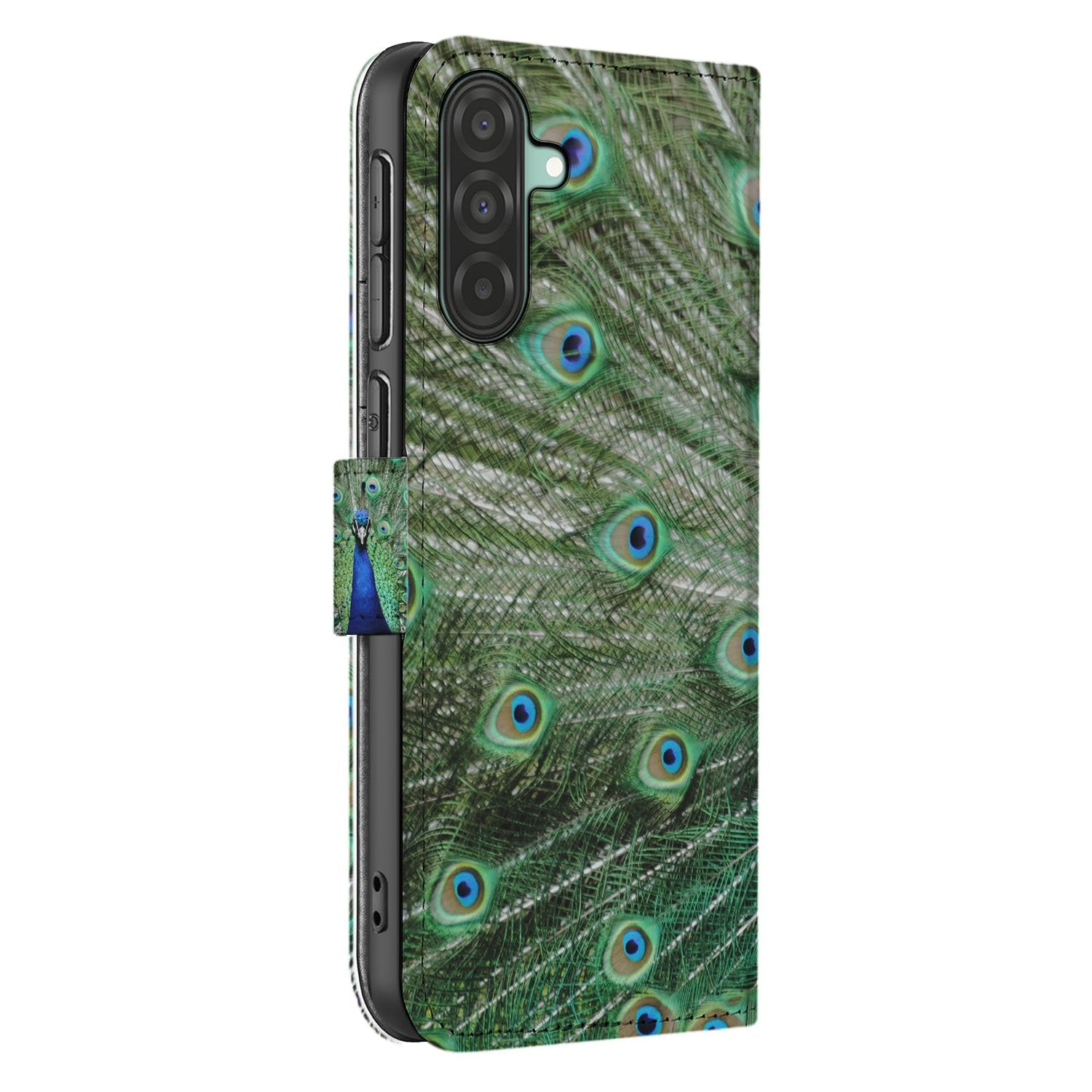 Samsung Galaxy A17 Bookcase Hoesje Met Pauwprint En Pasjes pauwprint design zijaanzicht