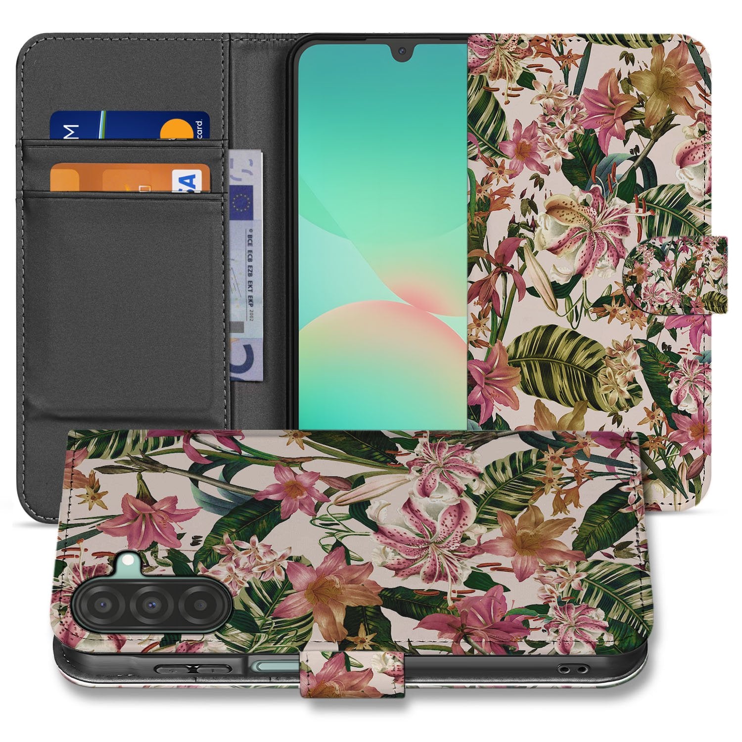 Samsung Galaxy A17 Bookcase Hoesje Paars Wit Flowers Met Pasjesvak Bookcase Flowers print open aanzicht