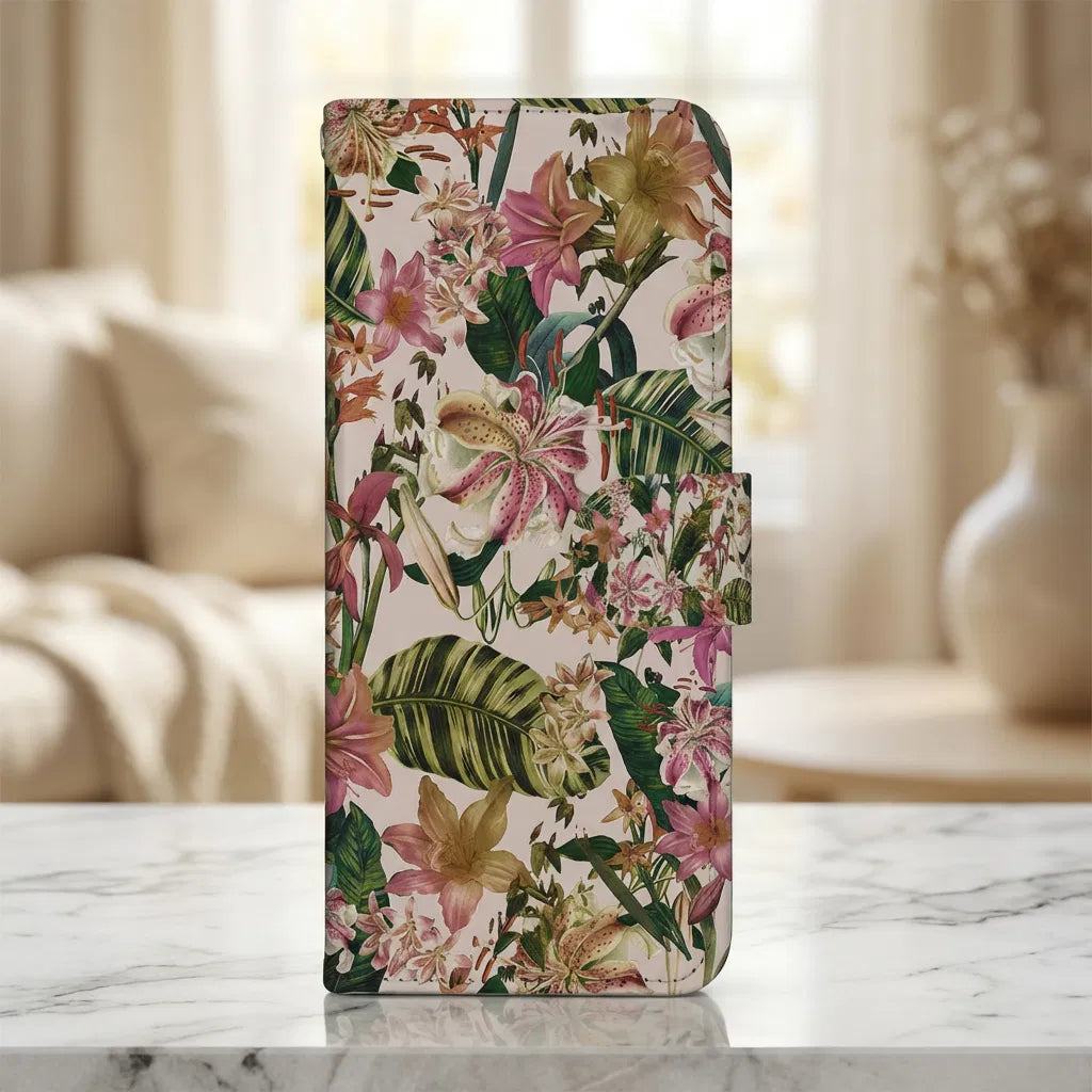Samsung Galaxy A17 Bookcase Hoesje Paars Wit Flowers Met Pasjesvak design Flowers aanzicht