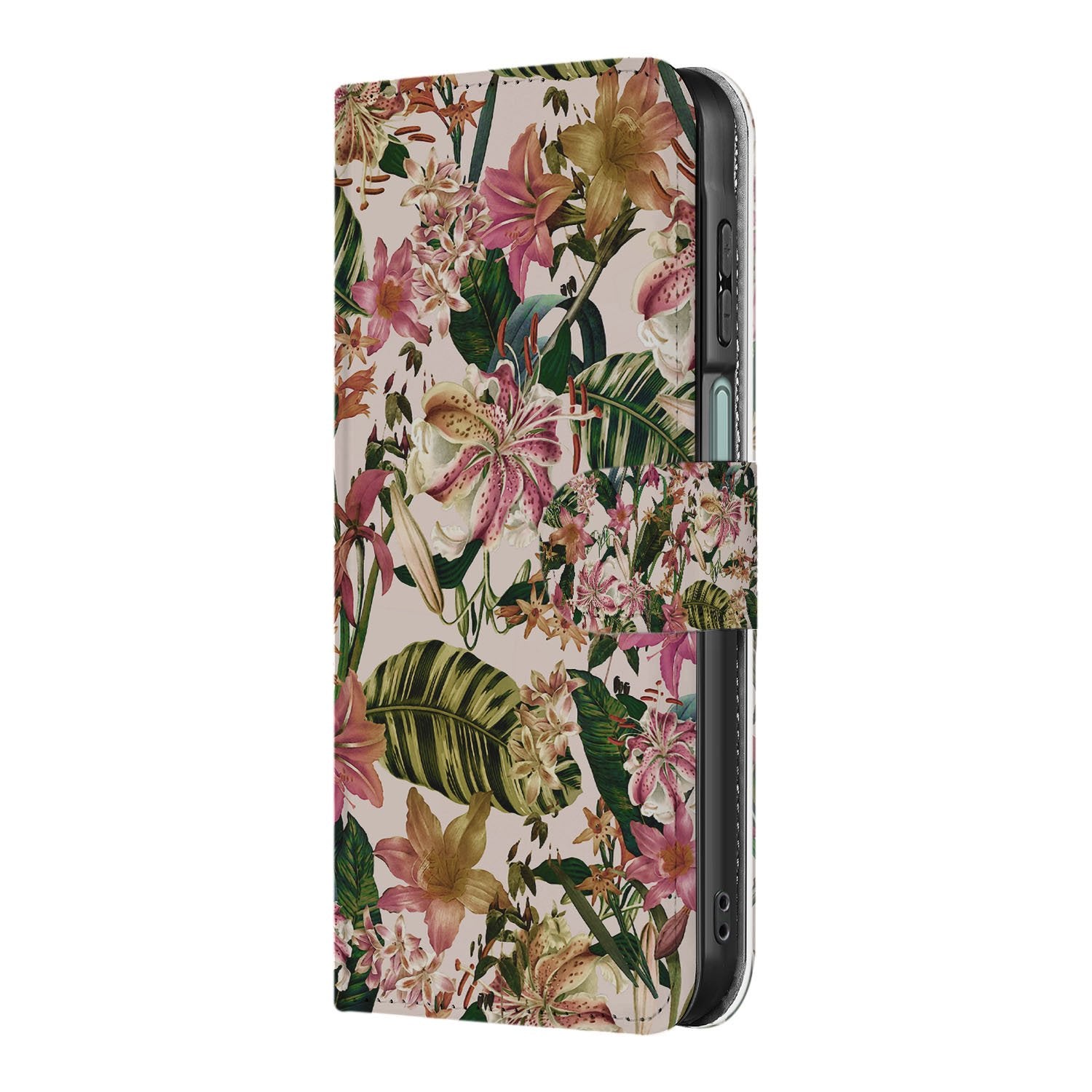 Samsung Galaxy A17 Bookcase Hoesje Paars Wit Flowers Met Pasjesvak bookcase flowers print zijaanzicht