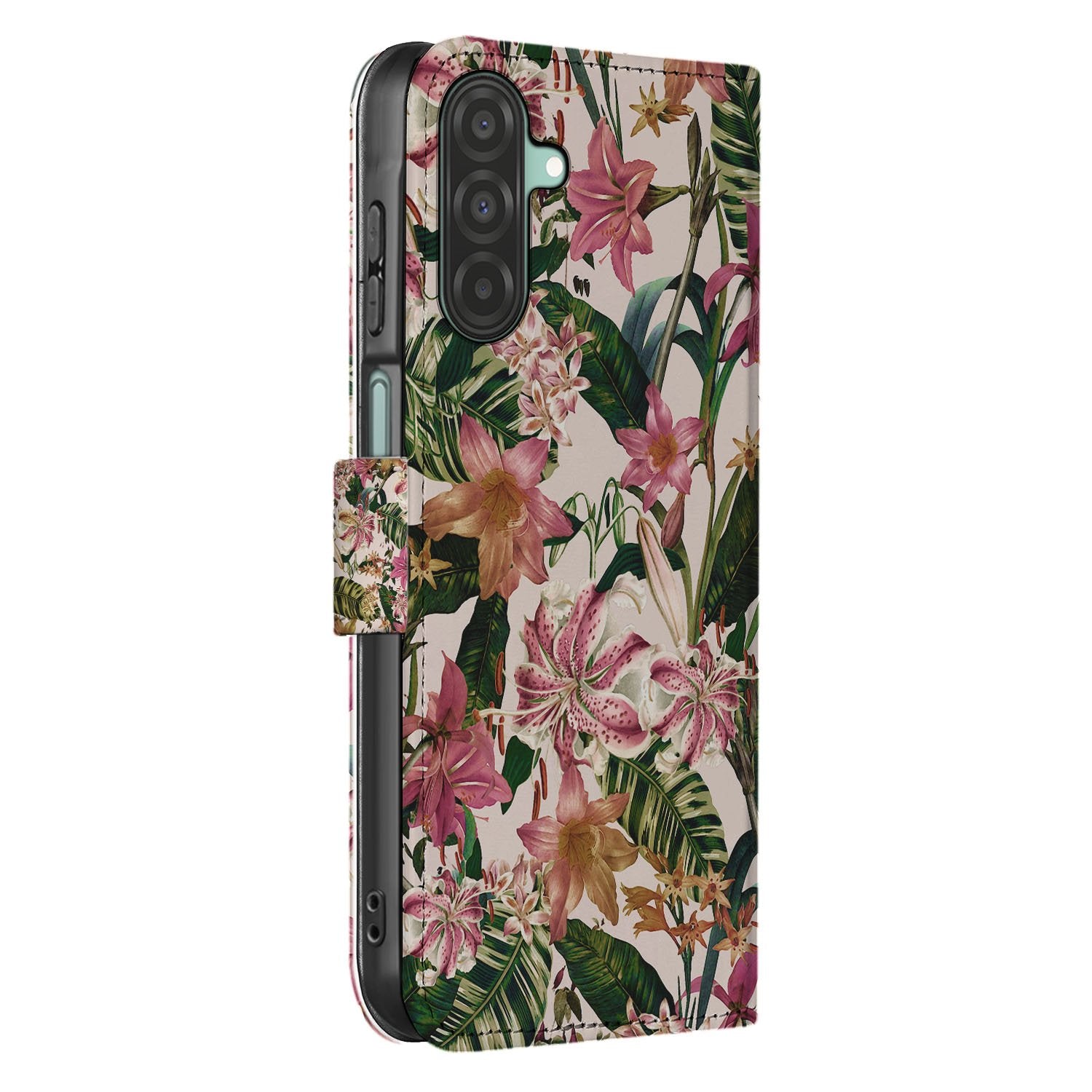 Samsung Galaxy A17 Bookcase Hoesje Paars Wit Flowers Met Pasjesvak bookcase flowers design zijaanzicht