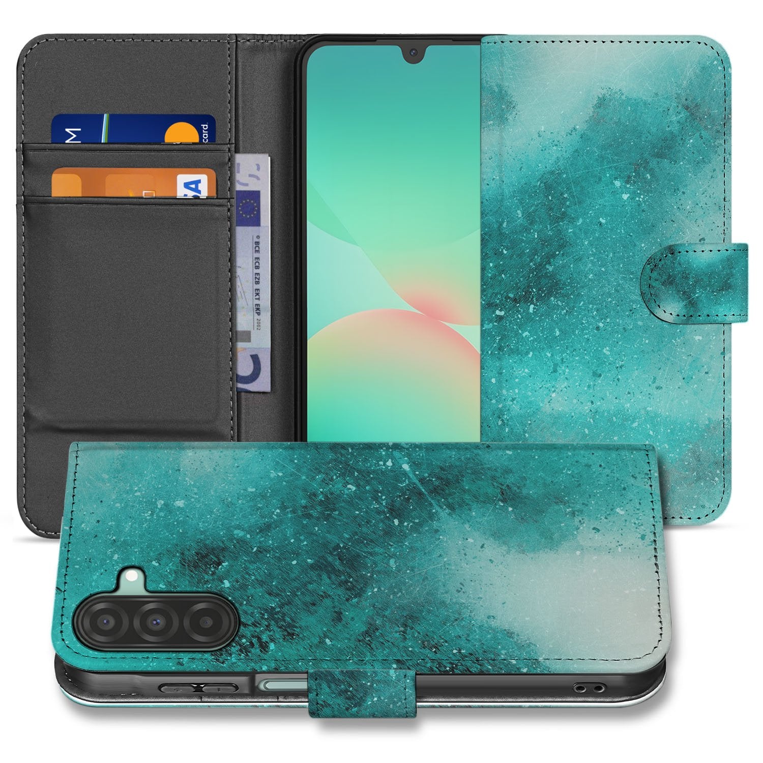 Samsung Galaxy A17 Bookcase Hoesje Painting Blue Met 3 Pasjes bookcase hoesje blauw waterverf voorkant
