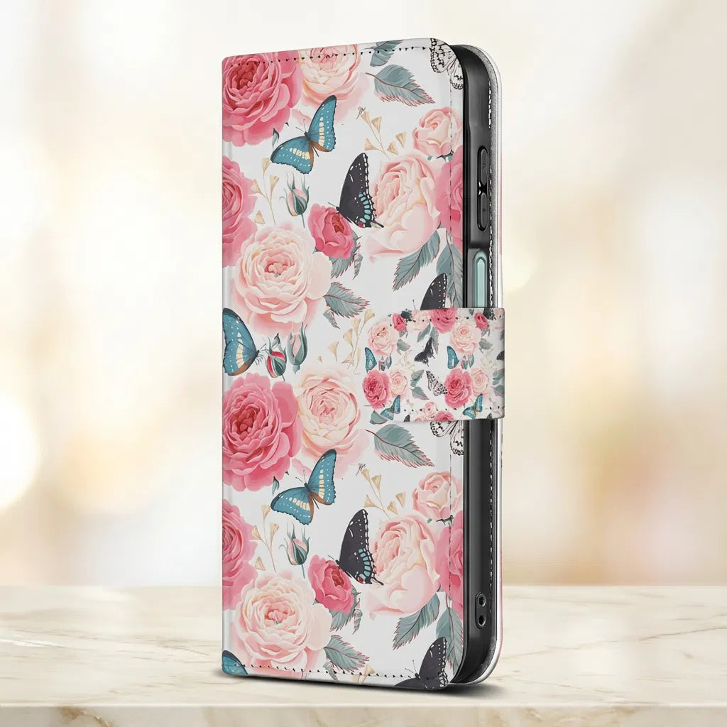 Samsung Galaxy A17 Bookcase Hoesje Roze Butterfly Roses Met Pasjes boekcase roze vlinders rozen aanzicht