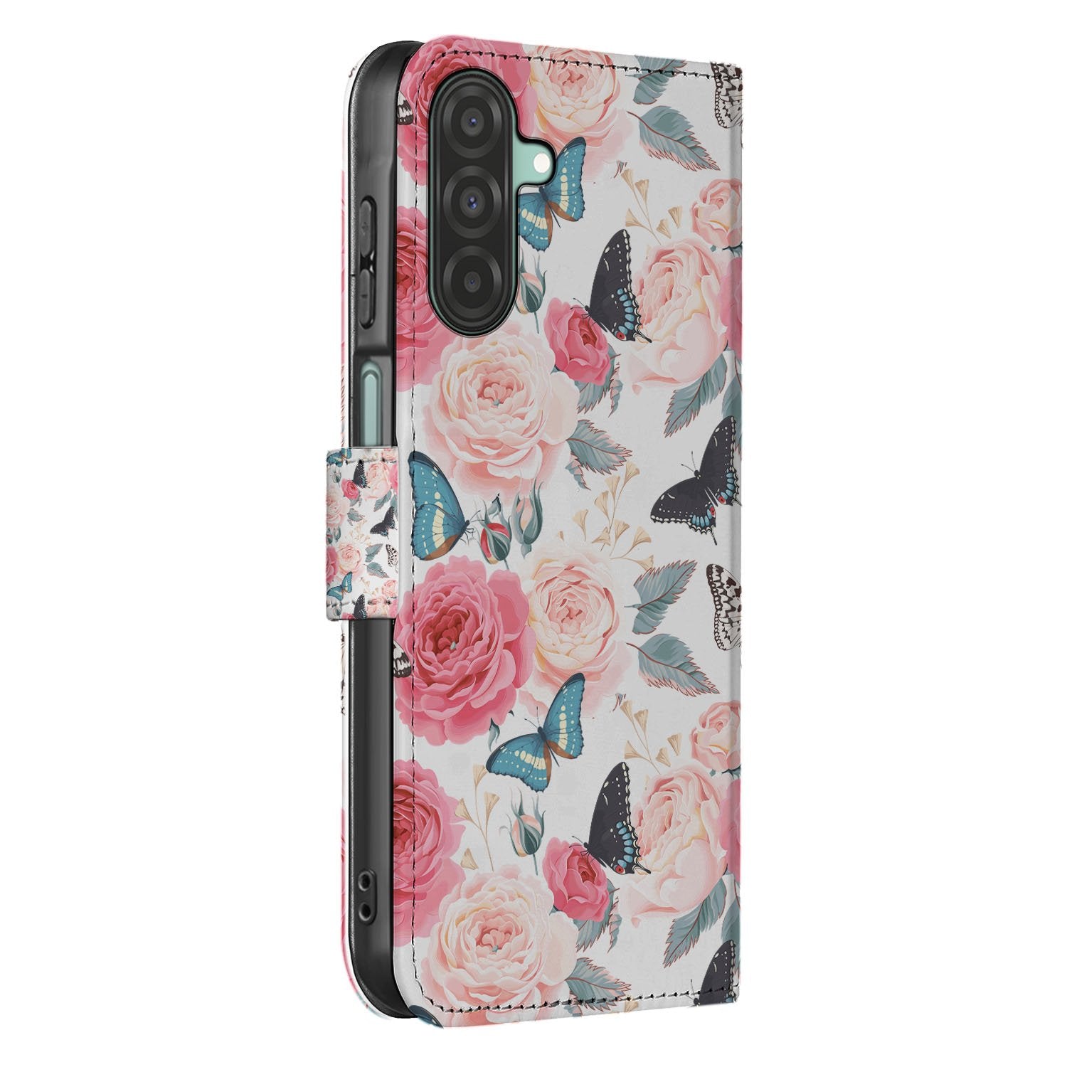 Samsung Galaxy A17 Bookcase Hoesje Roze Butterfly Roses Met Pasjes boekcase roze vlinders rozen zijaanzicht