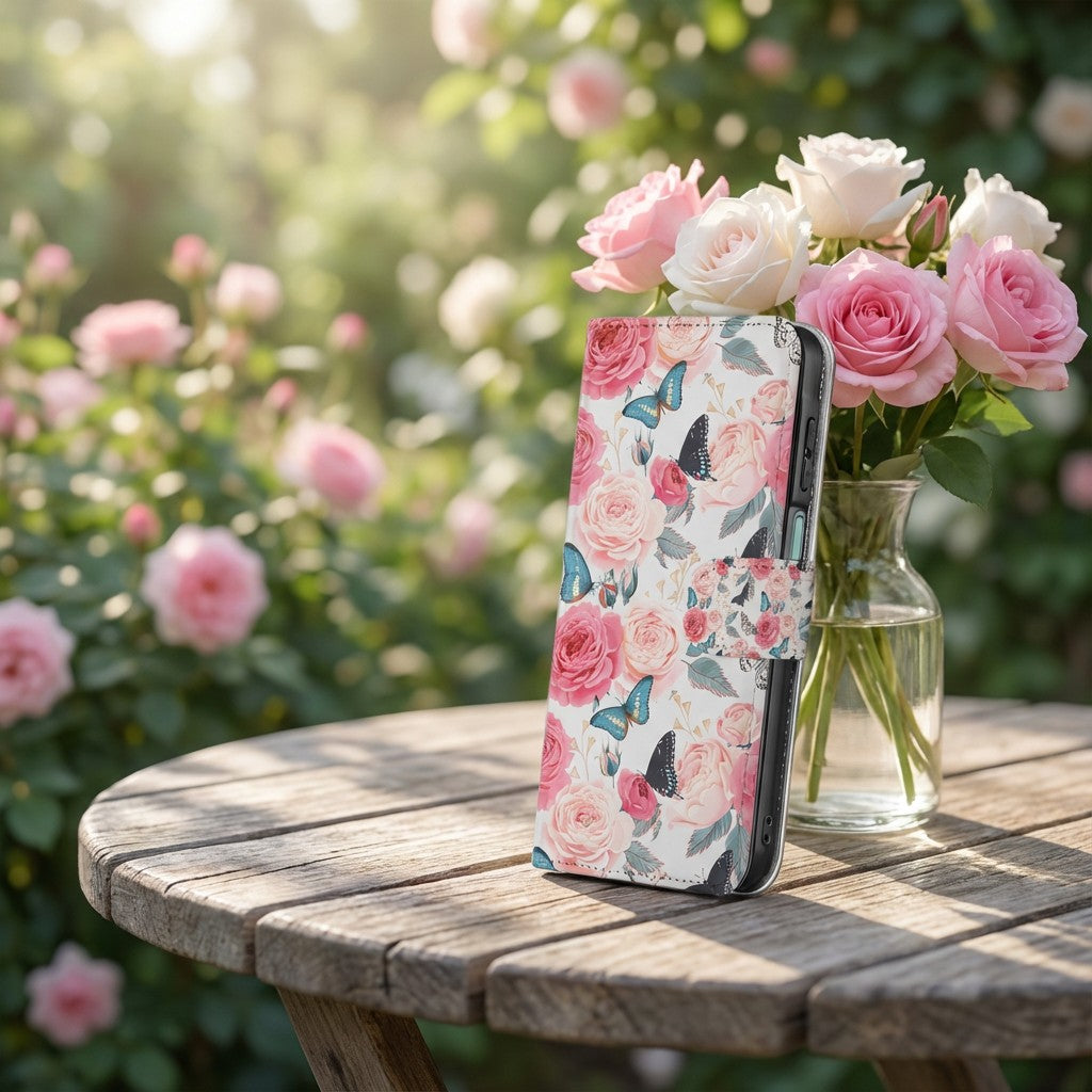 Samsung Galaxy A17 Bookcase Hoesje Roze Butterfly Roses Met Pasjes bookcase roze vlinders bloemen