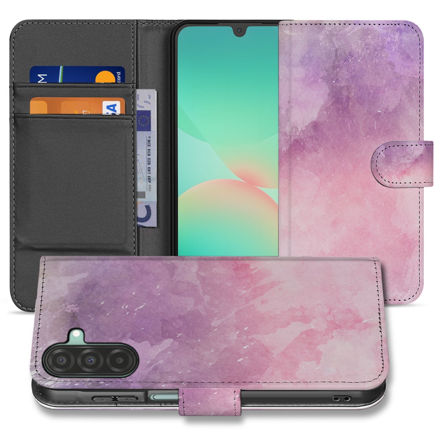 Samsung Galaxy A17 Bookcase Hoesje Roze Paars Paint TPU Bescherming hoesje roze paars voorkant binnenzijde