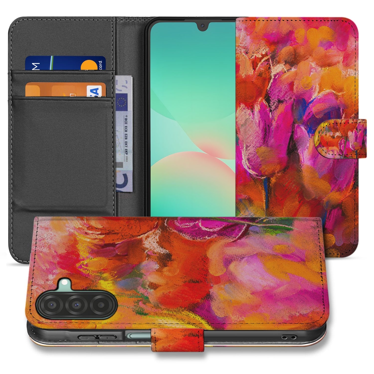 Samsung Galaxy A17 Bookcase Hoesje Tulips Met 3 Pasjes Kleurig bookcase hoesje tulpen design voorkant zijaanzicht