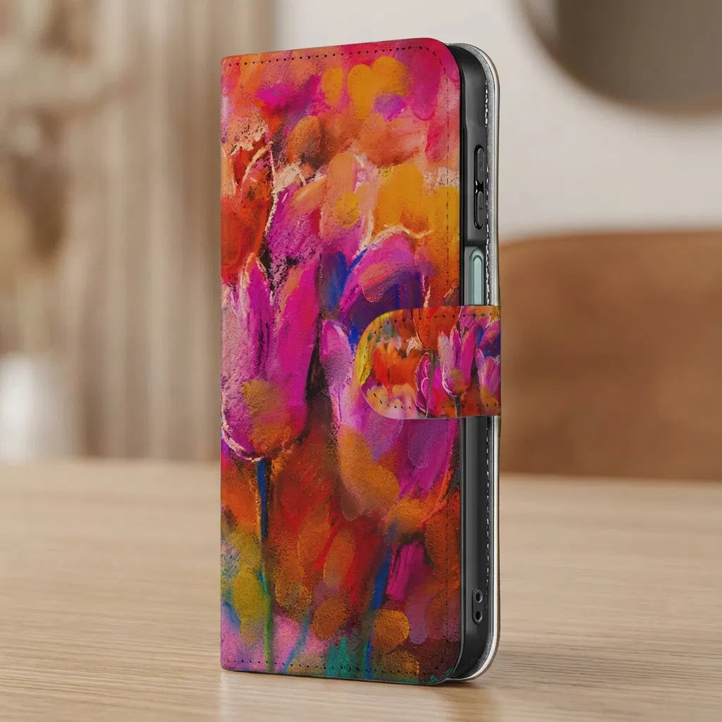 Samsung Galaxy A17 Bookcase Hoesje Tulips Met 3 Pasjes Kleurig bookcase tulips zijaanzicht