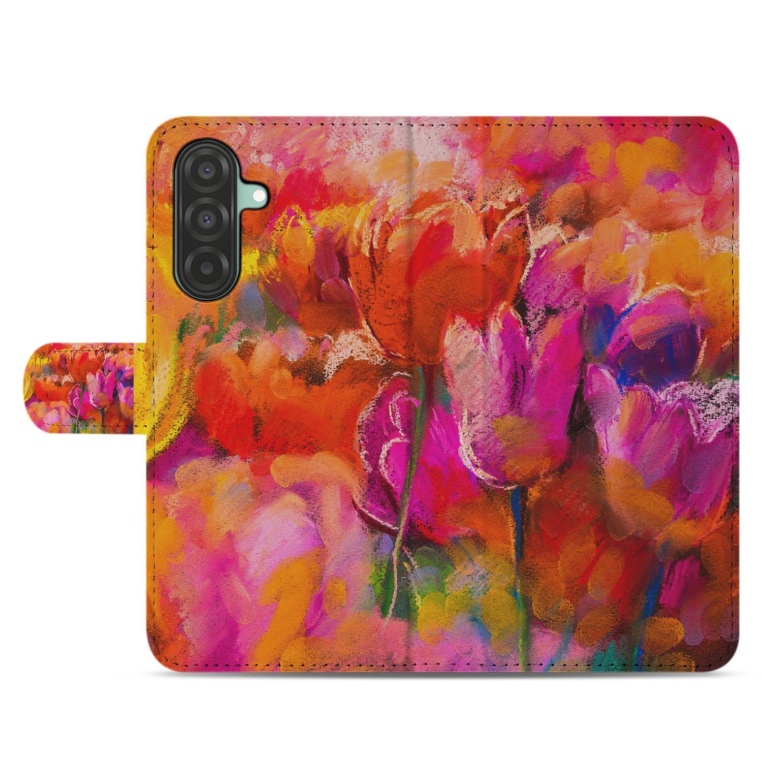 Samsung Galaxy A17 Bookcase Hoesje Tulips Met 3 Pasjes Kleurig bookcase hoesje tulpen design vooraanzicht