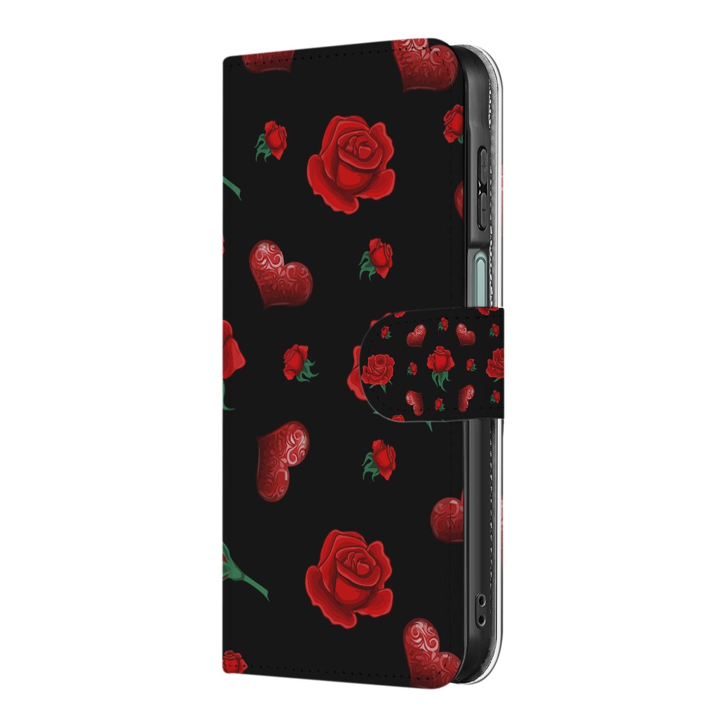 Samsung Galaxy A17 Bookcase Hoesje Valentine Met Pasvakjes bookcase hoesje zwart rozen hartjes aanzicht