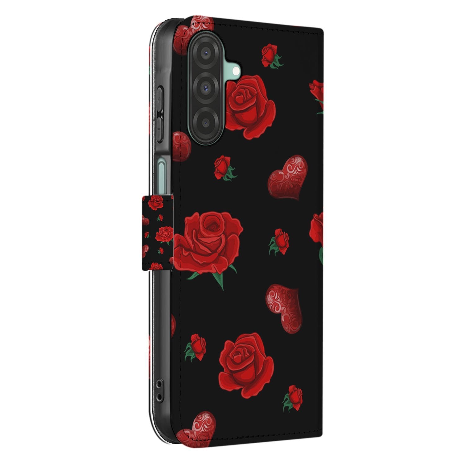 Samsung Galaxy A17 Bookcase Hoesje Valentine Met Pasvakjes bookcase rozen hartjes zwart zijaanzicht