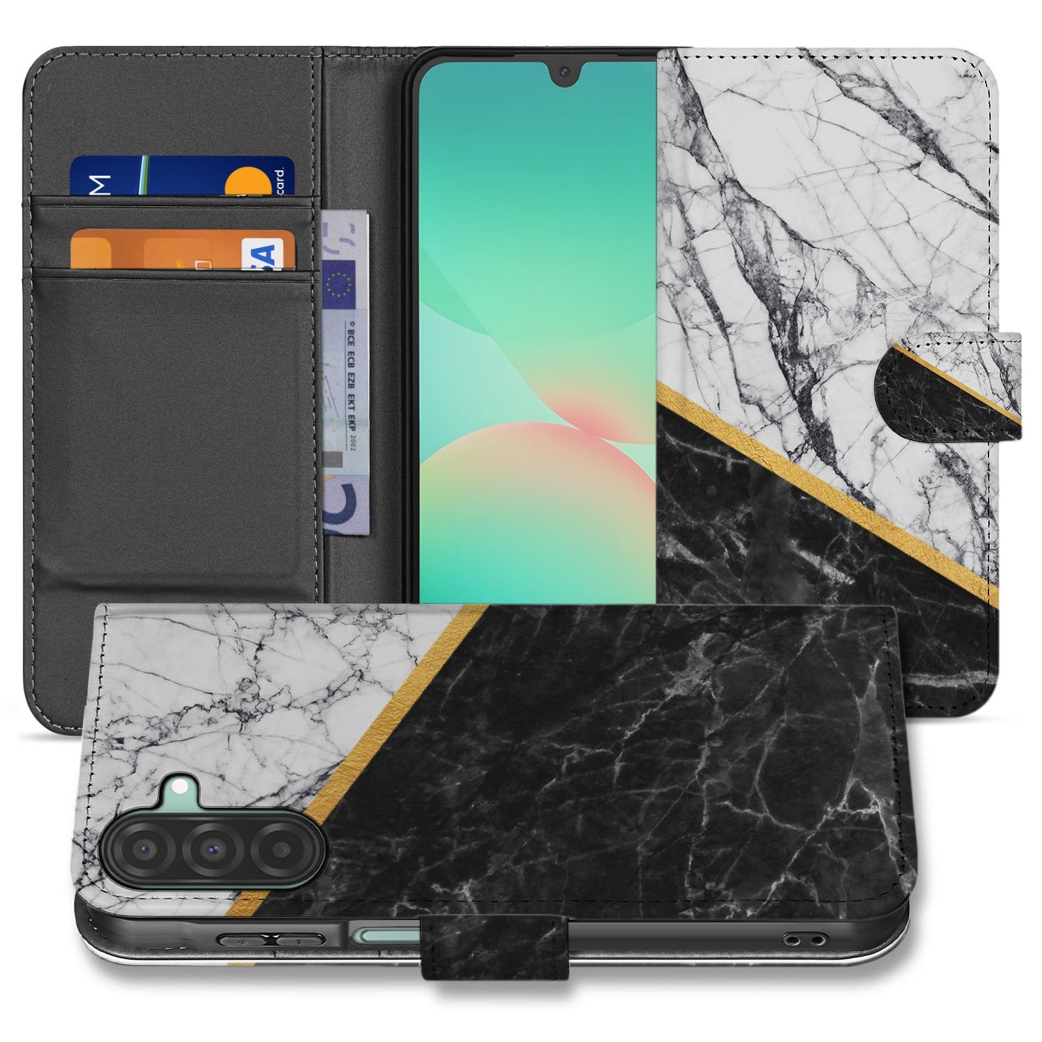 Samsung Galaxy A17 Bookcase Marmer Wit Zwart Gouden Lijn boekhoesje zwart wit marmer gouden lijn aanzicht