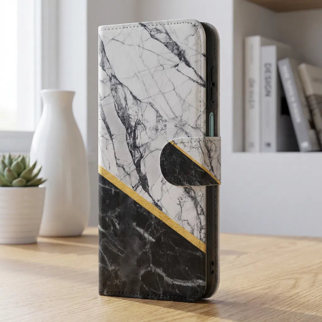 Samsung Galaxy A17 Bookcase Marmer Wit Zwart Gouden Lijn bookcase met zwart wit marmer design zijkant
