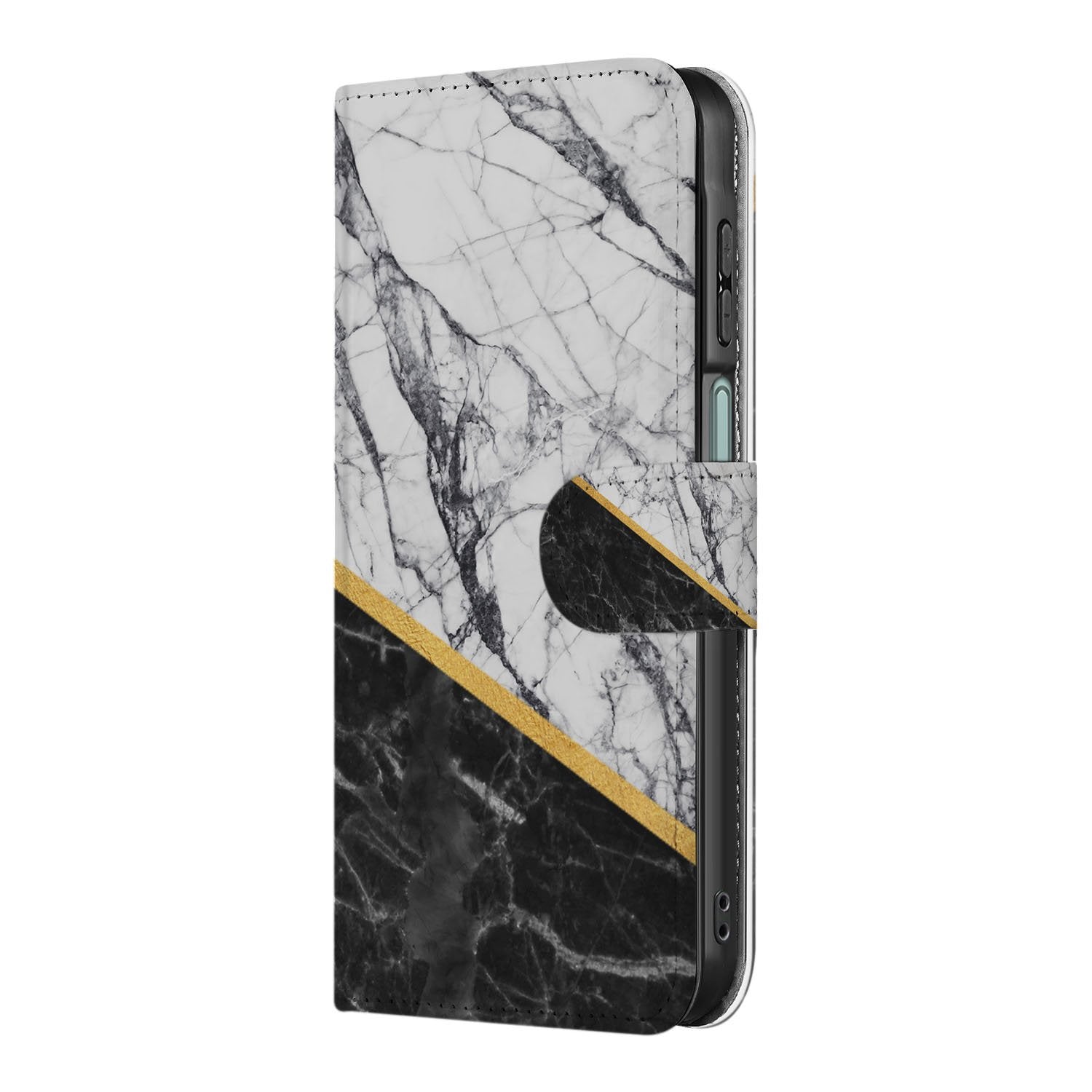 Samsung Galaxy A17 Bookcase Marmer Wit Zwart Gouden Lijn boekhoesje zwart-wit marmer aanzicht