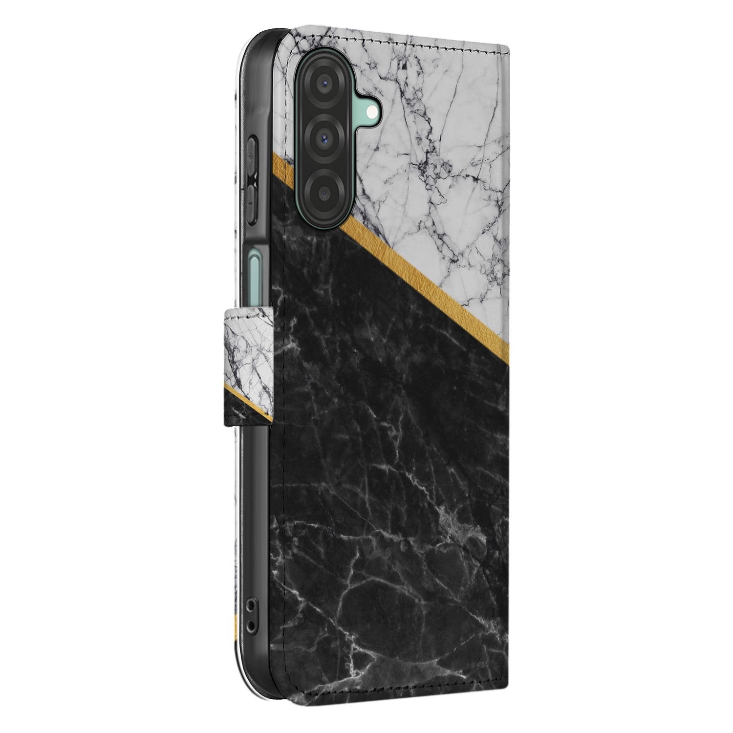 Samsung Galaxy A17 Bookcase Marmer Wit Zwart Gouden Lijn bookcase design marmer aanzicht