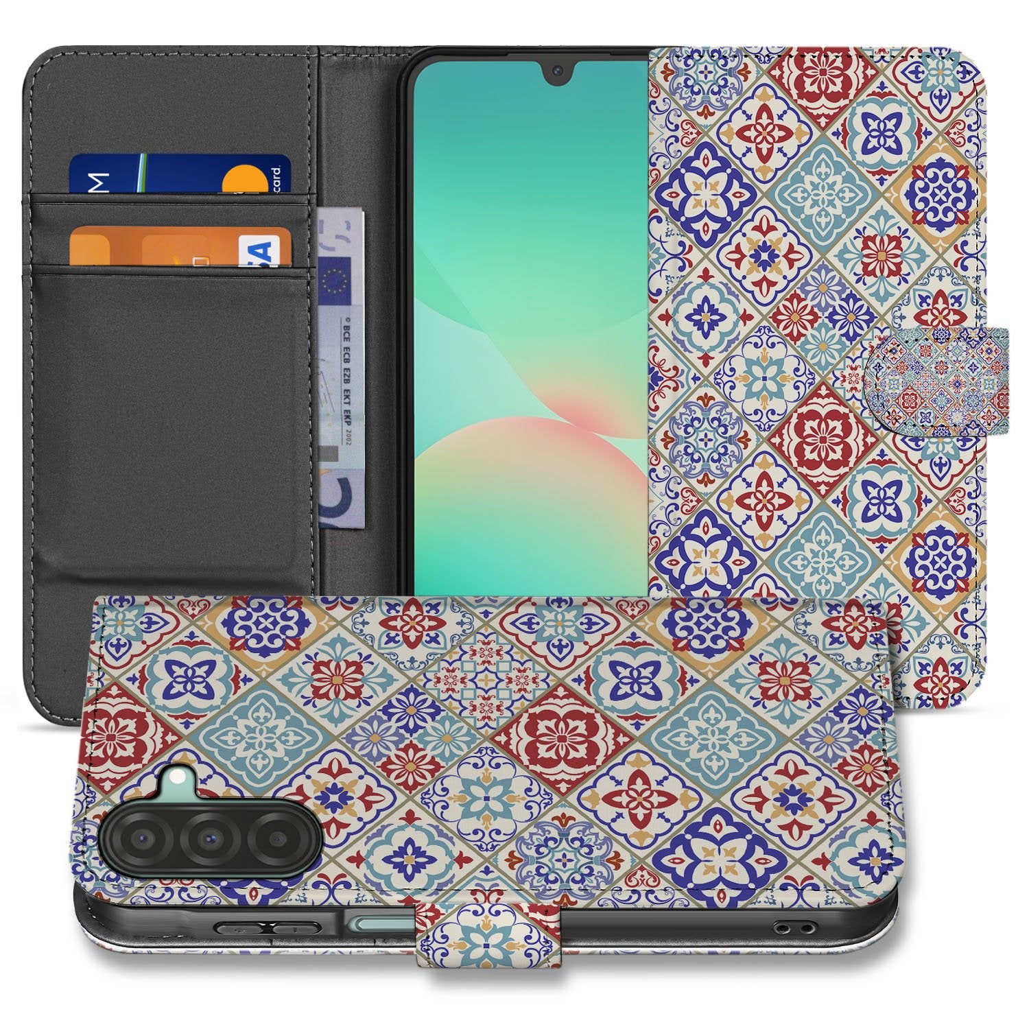 Samsung Galaxy A17 Bookcase Tiles Color Met 3 Pasjes Uniek Hoesje bookcase hoesje kleurrijk tegelmotief aanzicht