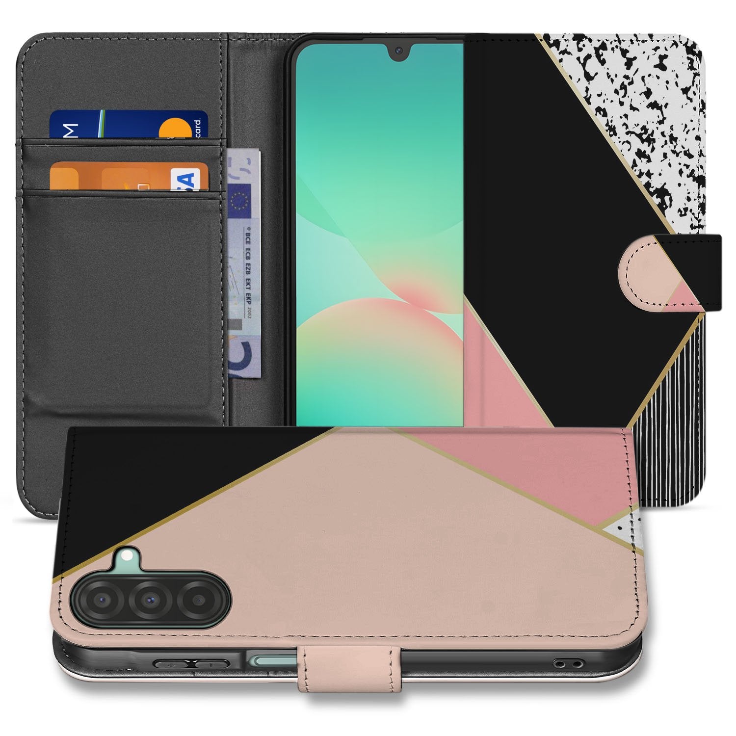 Samsung Galaxy A17 Bookcase Zwart Roze Vormen Met 3 Pasjes bookcase geometrisch design binnenkant