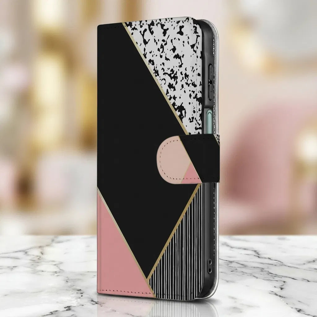 Samsung Galaxy A17 Bookcase Zwart Roze Vormen Met 3 Pasjes bookcase geometrisch zwart roze voorkant