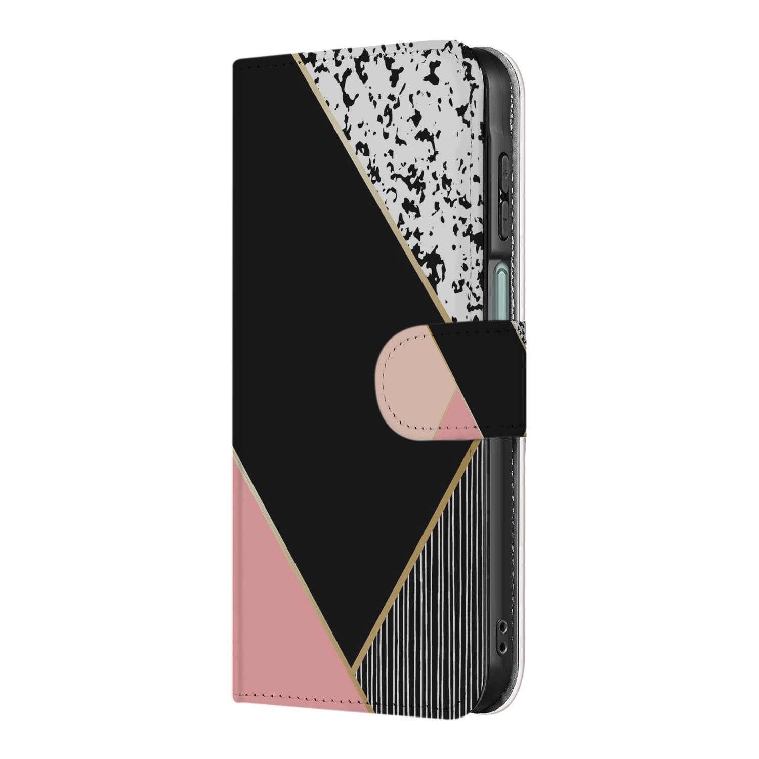 Samsung Galaxy A17 Bookcase Zwart Roze Vormen Met 3 Pasjes bookcase geometrisch zwart roze zijkant