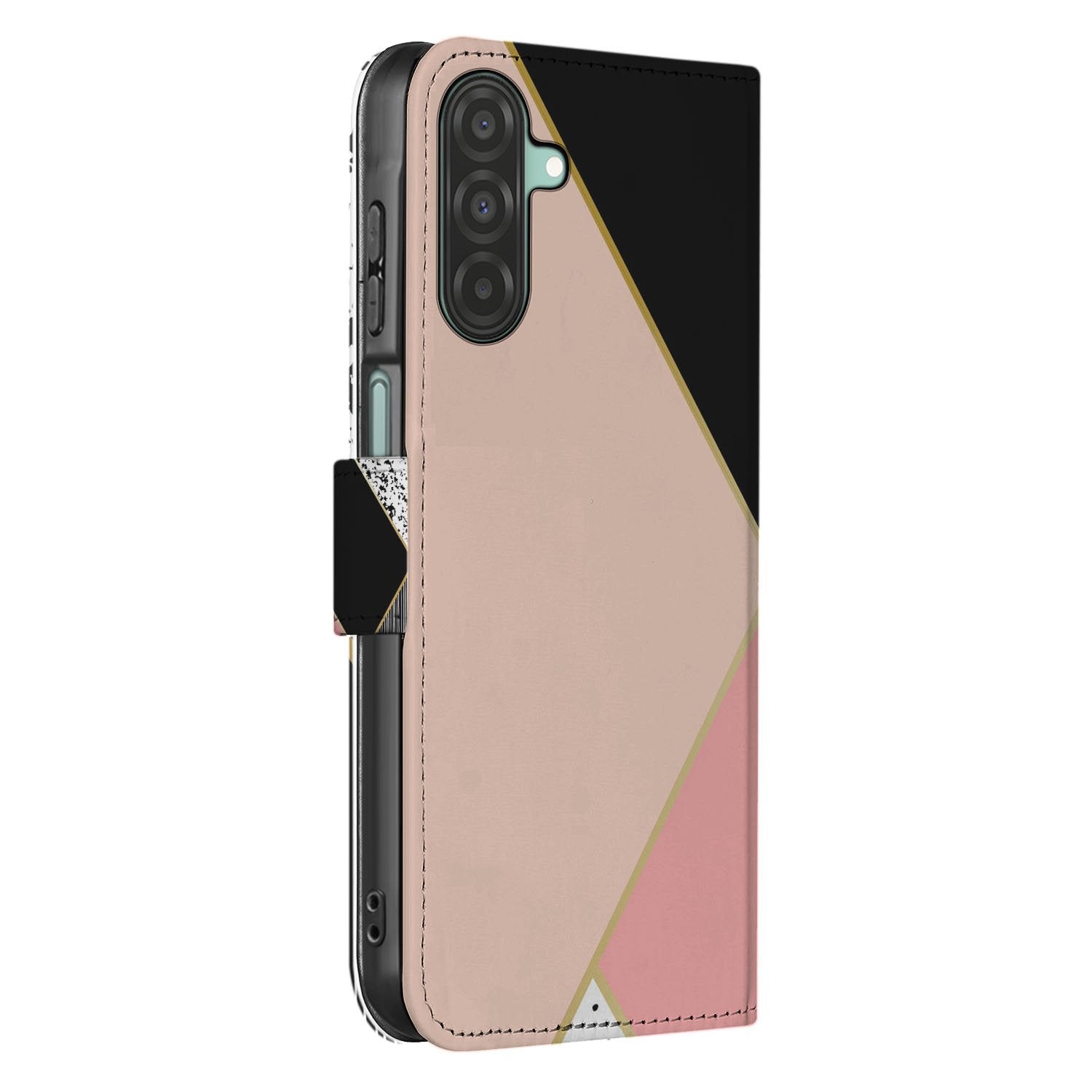 Samsung Galaxy A17 Bookcase Zwart Roze Vormen Met 3 Pasjes bookcase geometrisch zwart roze aanzicht