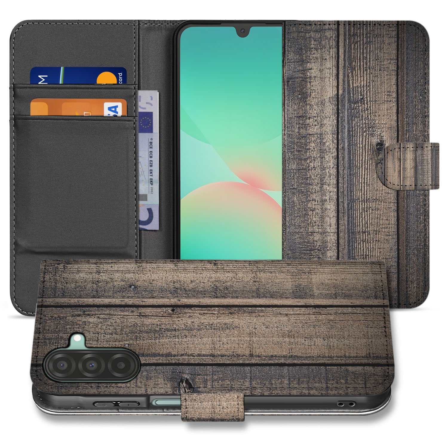 Samsung Galaxy A17 Bookstyle Hoes Steigerhout Design Met 3 Pasjes hoesje met houten look voorzijde en pasjesvak