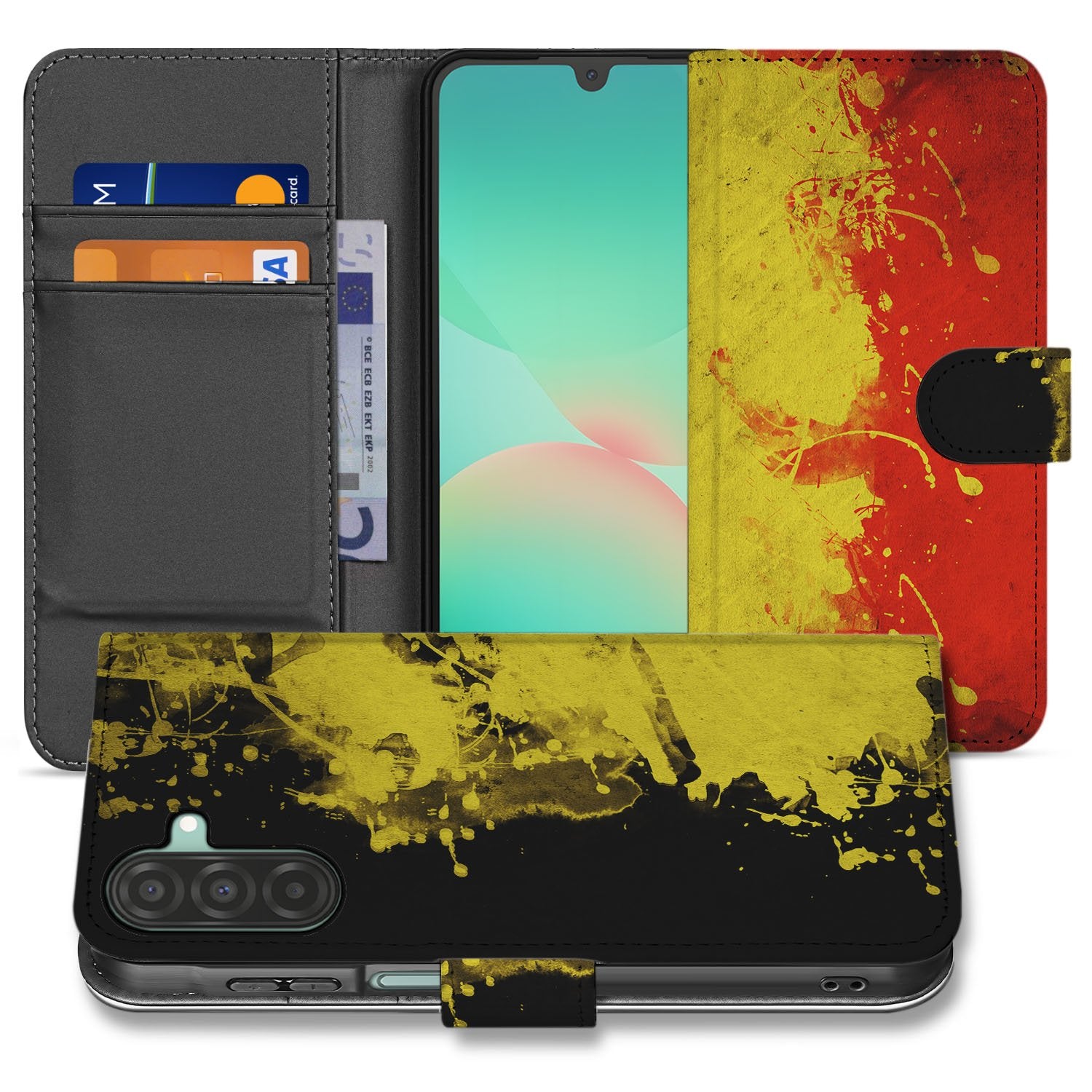 Samsung Galaxy A17 Bookstyle Hoesje Belgische Vlag Met Pasvak bookcase zwart rood geel aanzicht