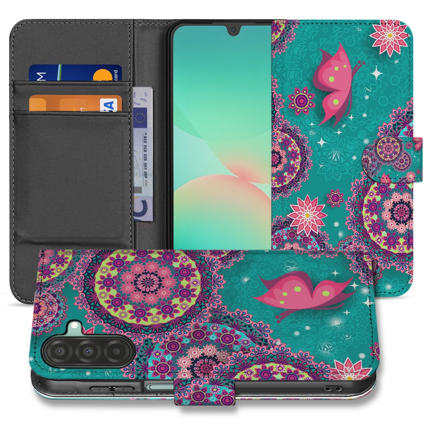 Samsung Galaxy A17 Bookstyle Hoesje Met Pasjes Cirkels en Vlinders kleurrijk boekhoesje mandala cirkels vlinders