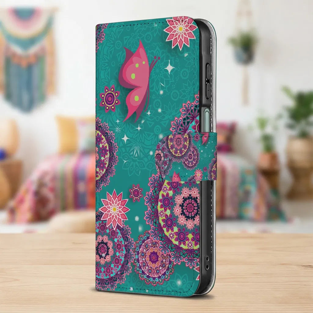 Samsung Galaxy A17 Bookstyle Hoesje Met Pasjes Cirkels en Vlinders designname vooraanzicht