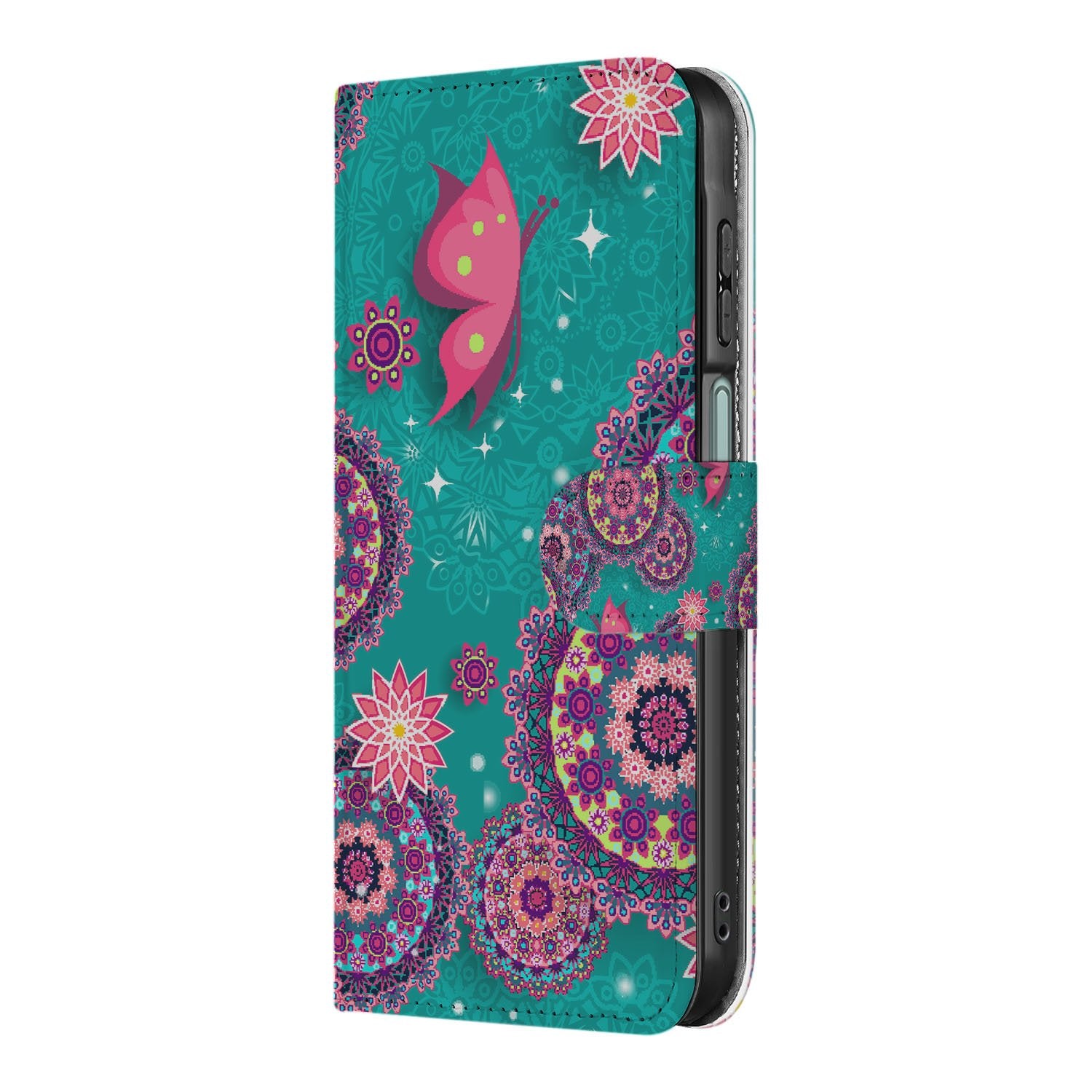 Samsung Galaxy A17 Bookstyle Hoesje Met Pasjes Cirkels en Vlinders kleurrijk design cirkels vlinders aanzicht