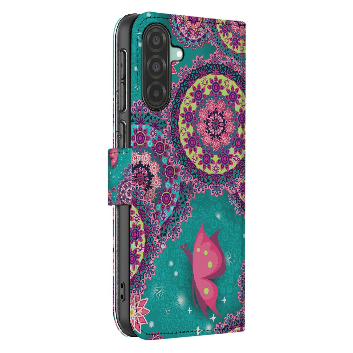 Samsung Galaxy A17 Bookstyle Hoesje Met Pasjes Cirkels en Vlinders design mandala vlinders aanzicht