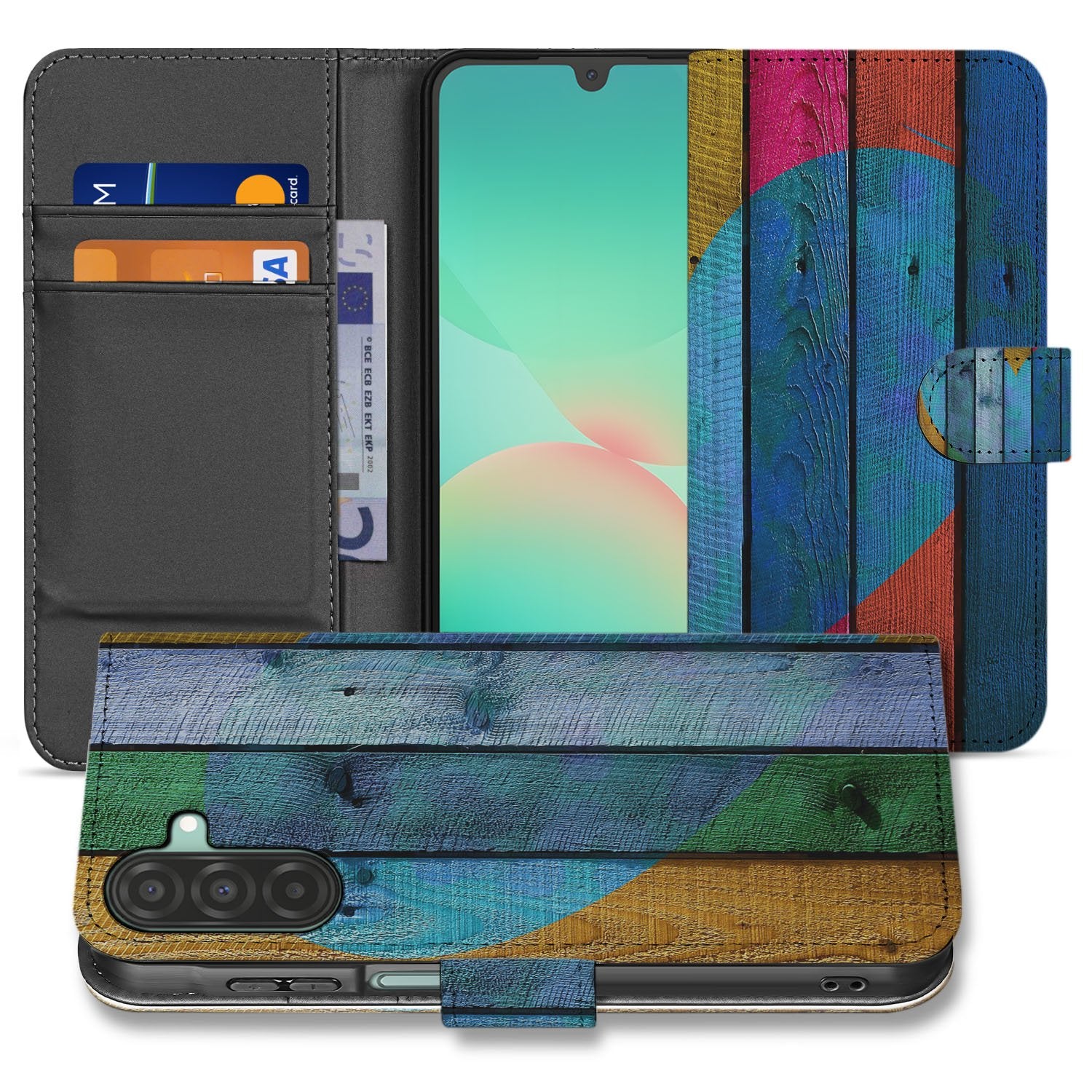 Samsung Galaxy A17 Bookstyle Hoesje Wood Heart Bruin Met Pasjes bookcase designnaam aanzicht