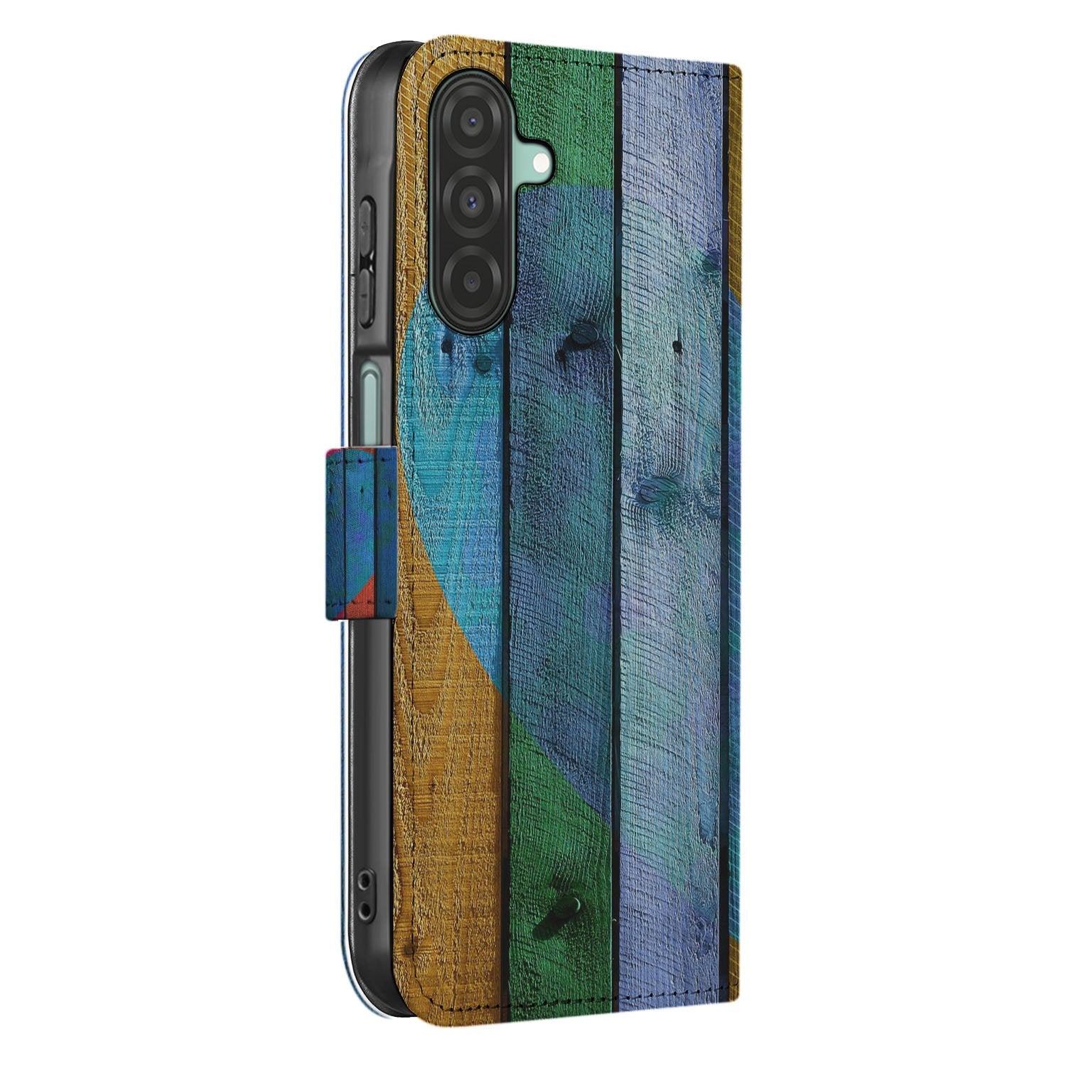 Samsung Galaxy A17 Bookstyle Hoesje Wood Heart Bruin Met Pasjes bookcase houtmotief zijaanzicht