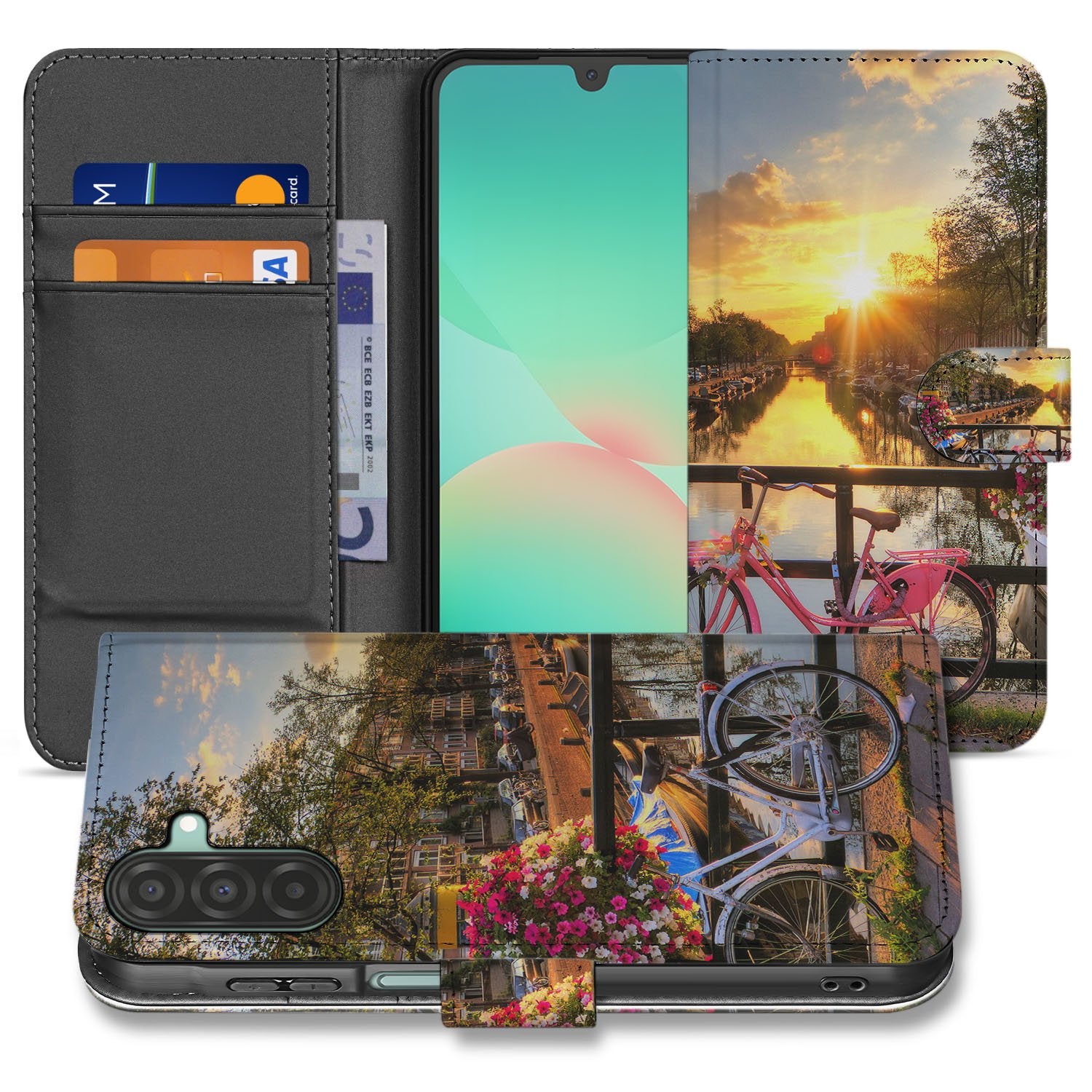 Samsung Galaxy A17 Flip Cover Bookcase Amsterdamse Grachten Zwart boekhoesje design Amsterdamse Grachten aanzicht