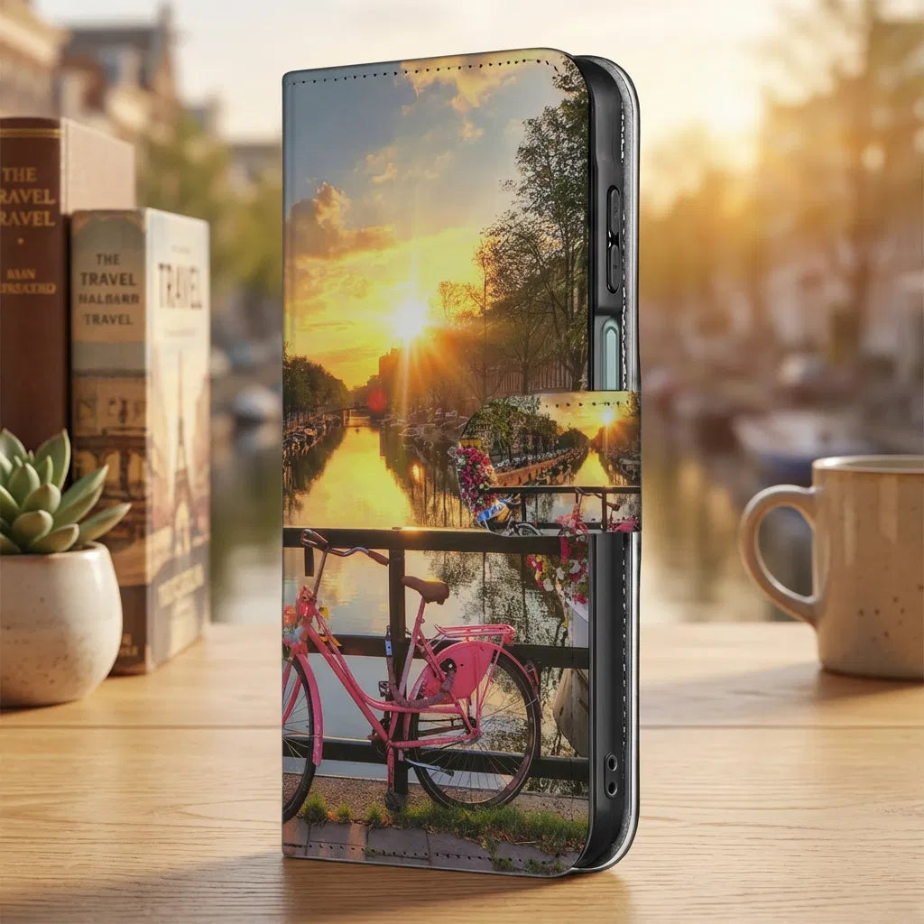 Samsung Galaxy A17 Flip Cover Bookcase Amsterdamse Grachten Zwart boekhoesje grachtenbeeld zwart