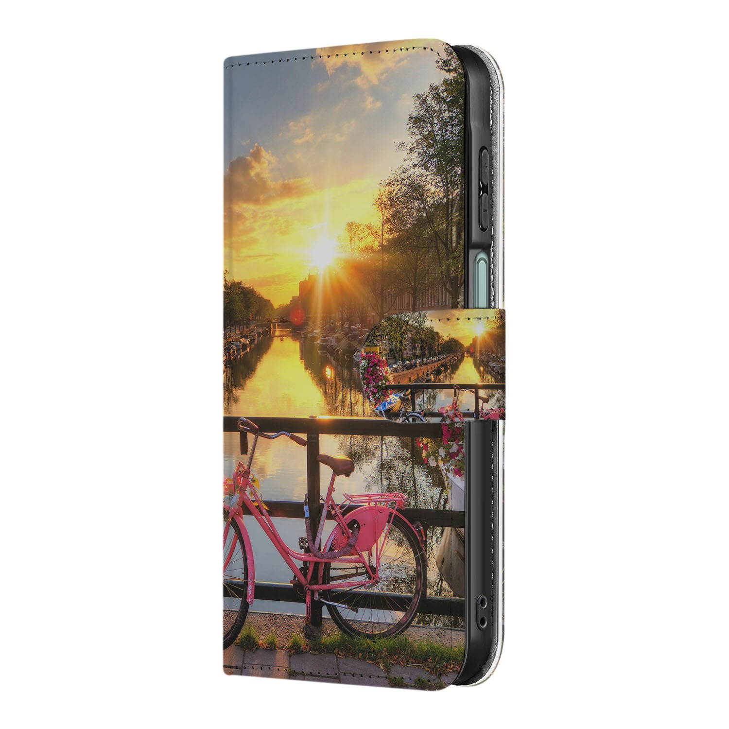 Samsung Galaxy A17 Flip Cover Bookcase Amsterdamse Grachten Zwart boekhoesje fiets zonsondergang aanzicht