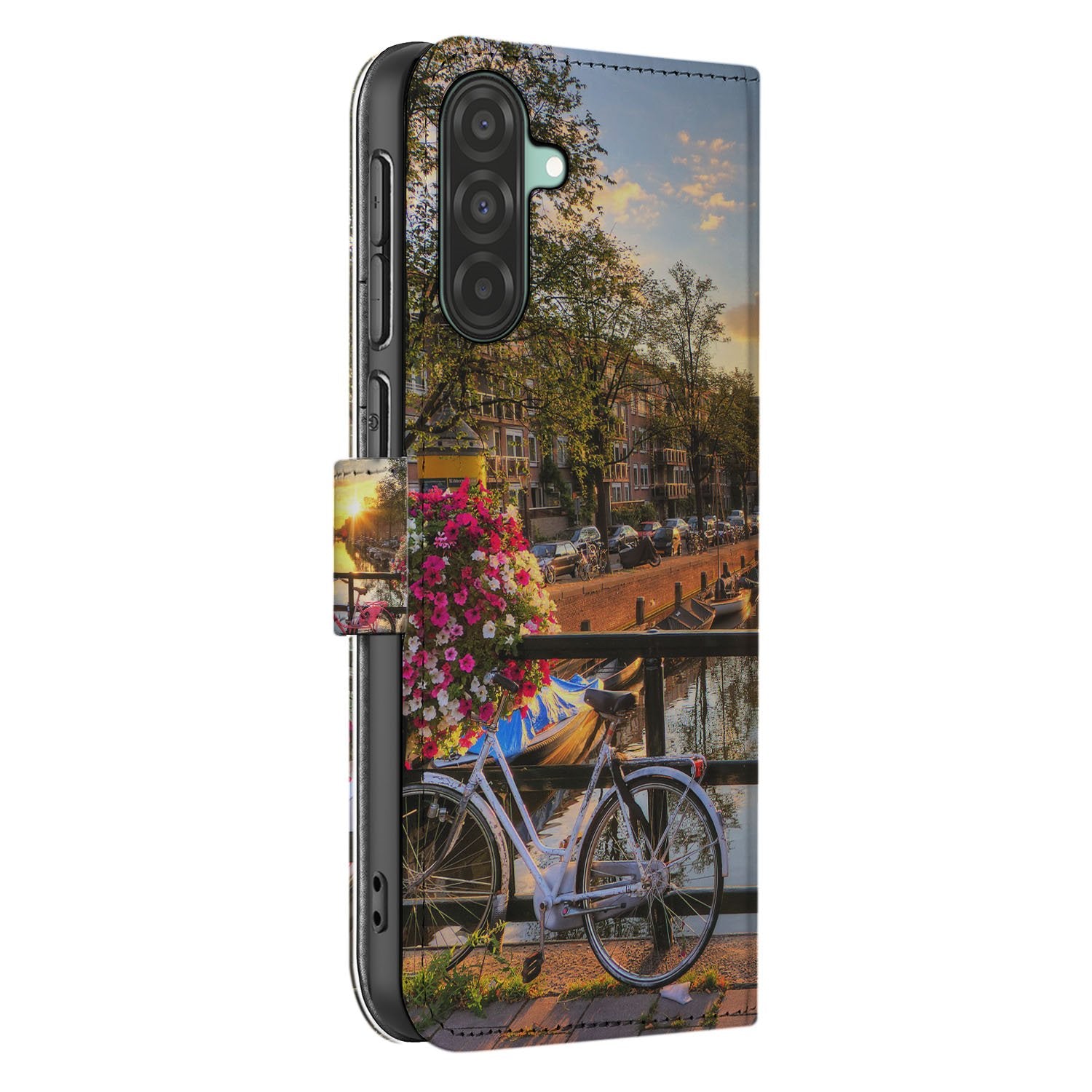 Samsung Galaxy A17 Flip Cover Bookcase Amsterdamse Grachten Zwart boekhoesje grachtenbeeld zijkant
