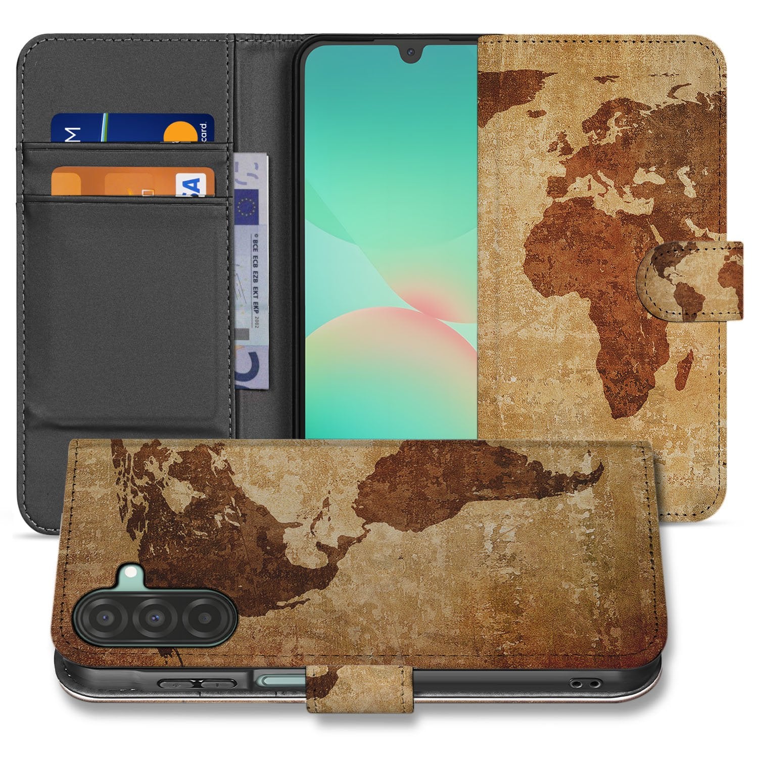 Samsung Galaxy A17 Flip Cover Bookcase Wereldkaart Met Pasjes wereldkaart design voorkant