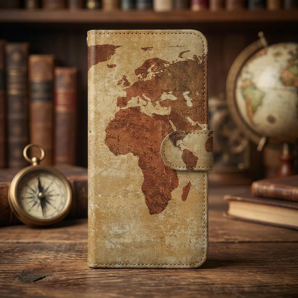Samsung Galaxy A17 Flip Cover Bookcase Wereldkaart Met Pasjes boekhoesje wereldkaart bruin geel aanzicht