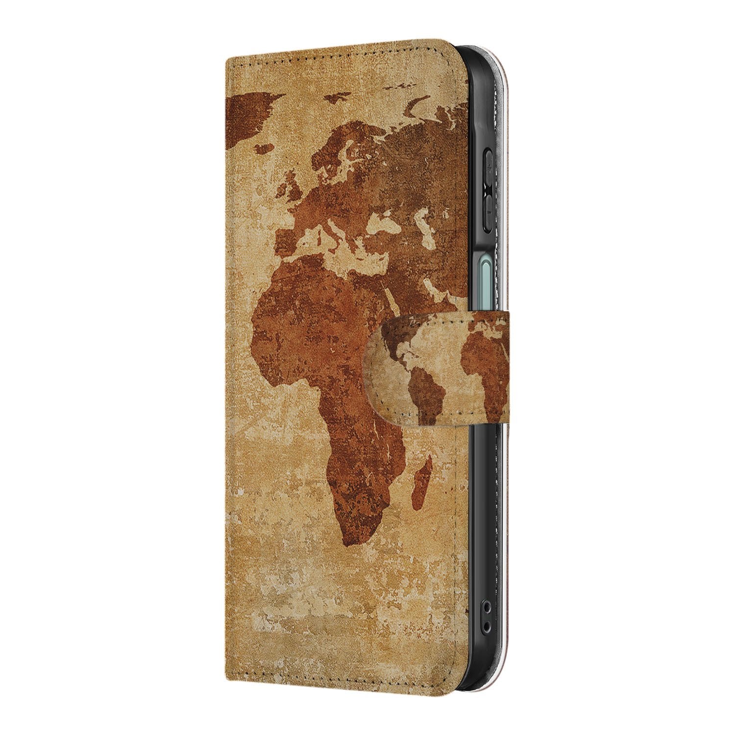 Samsung Galaxy A17 Flip Cover Bookcase Wereldkaart Met Pasjes wereldkaart bruin design zijkant